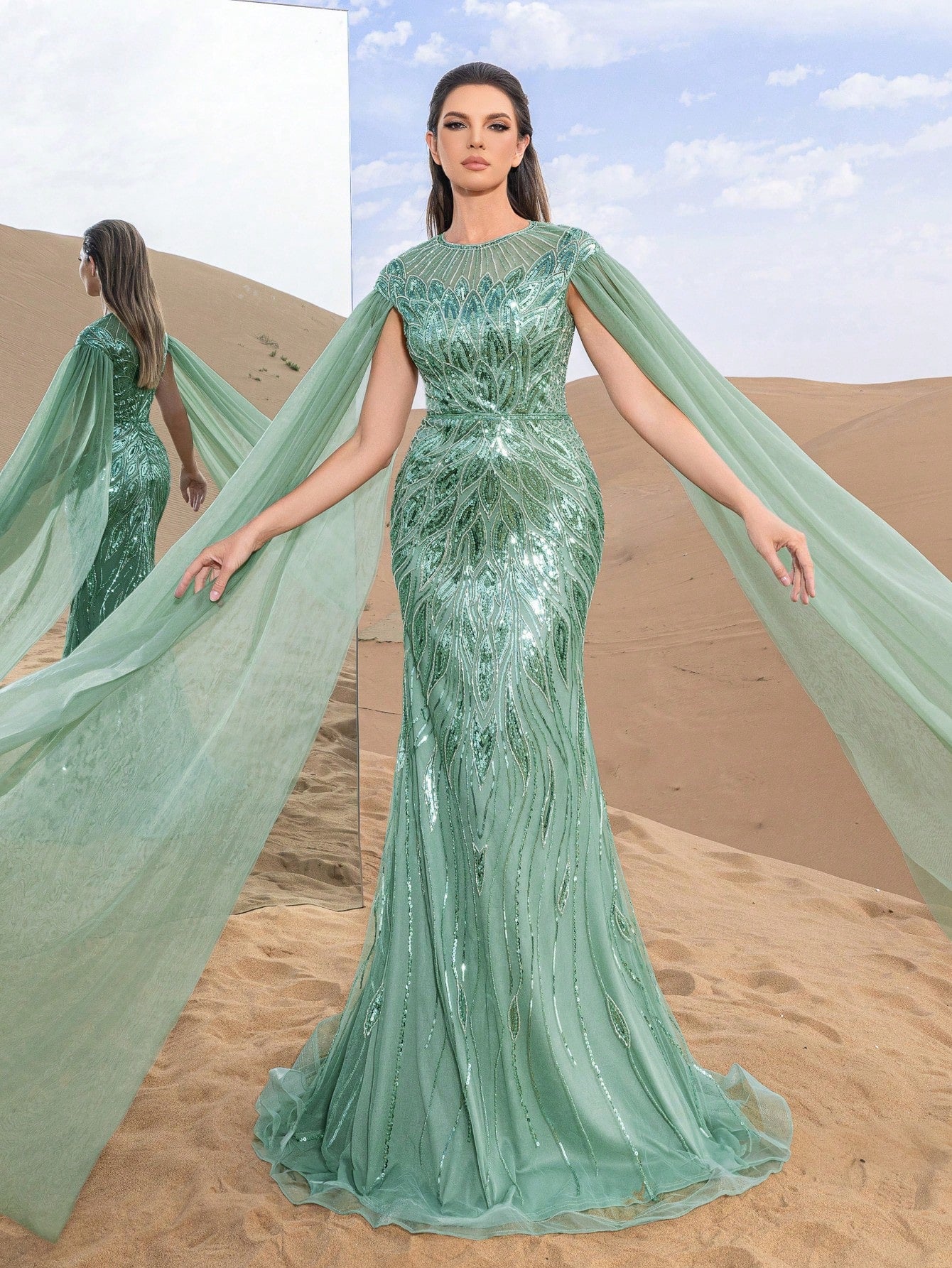Exquisite Round-Neck Cape-Sleeve Evening Gown with Sculpted Fish-Tail Hemline