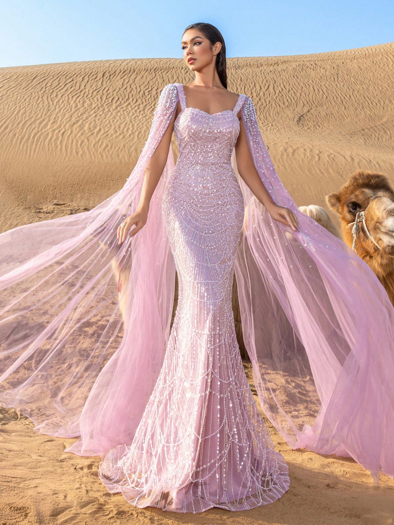 Elegant Gorgeous Beaded Sequin Evening Gown with Pearl Accent Cape Sleeves