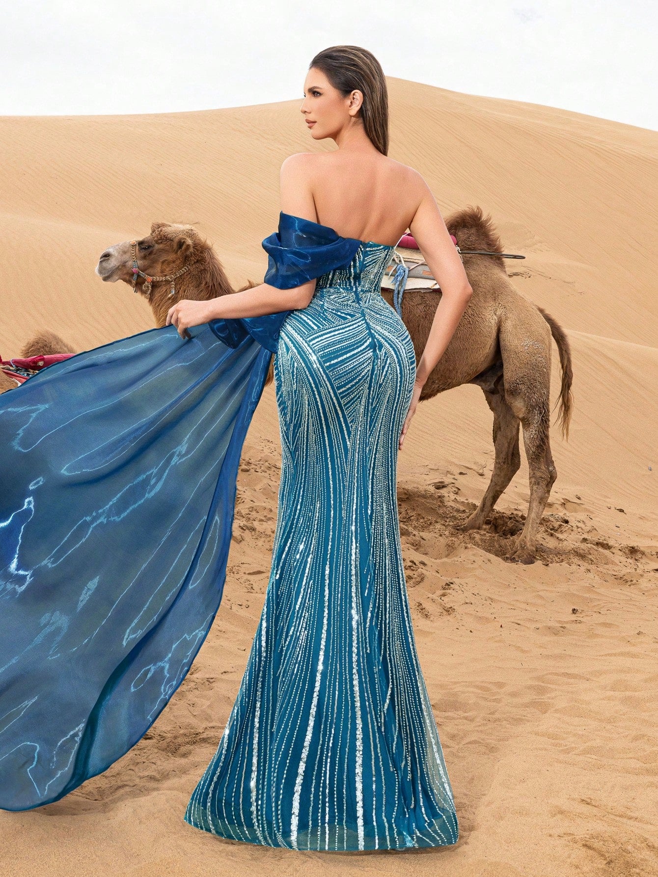 Luxury Asymmetrical Draped Shoulder Mermaid Hem Beaded Formal Dresses & Evening Gowns