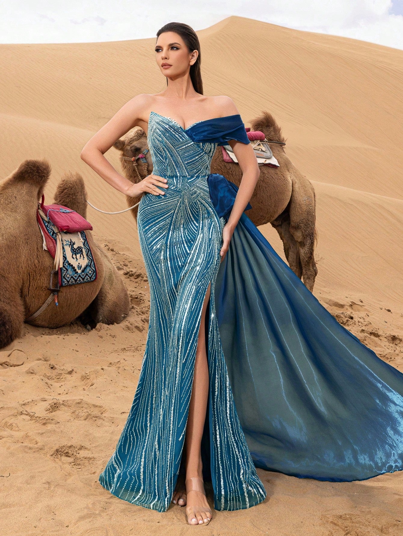 Luxury Asymmetrical Draped Shoulder Mermaid Hem Beaded Formal Dresses & Evening Gowns