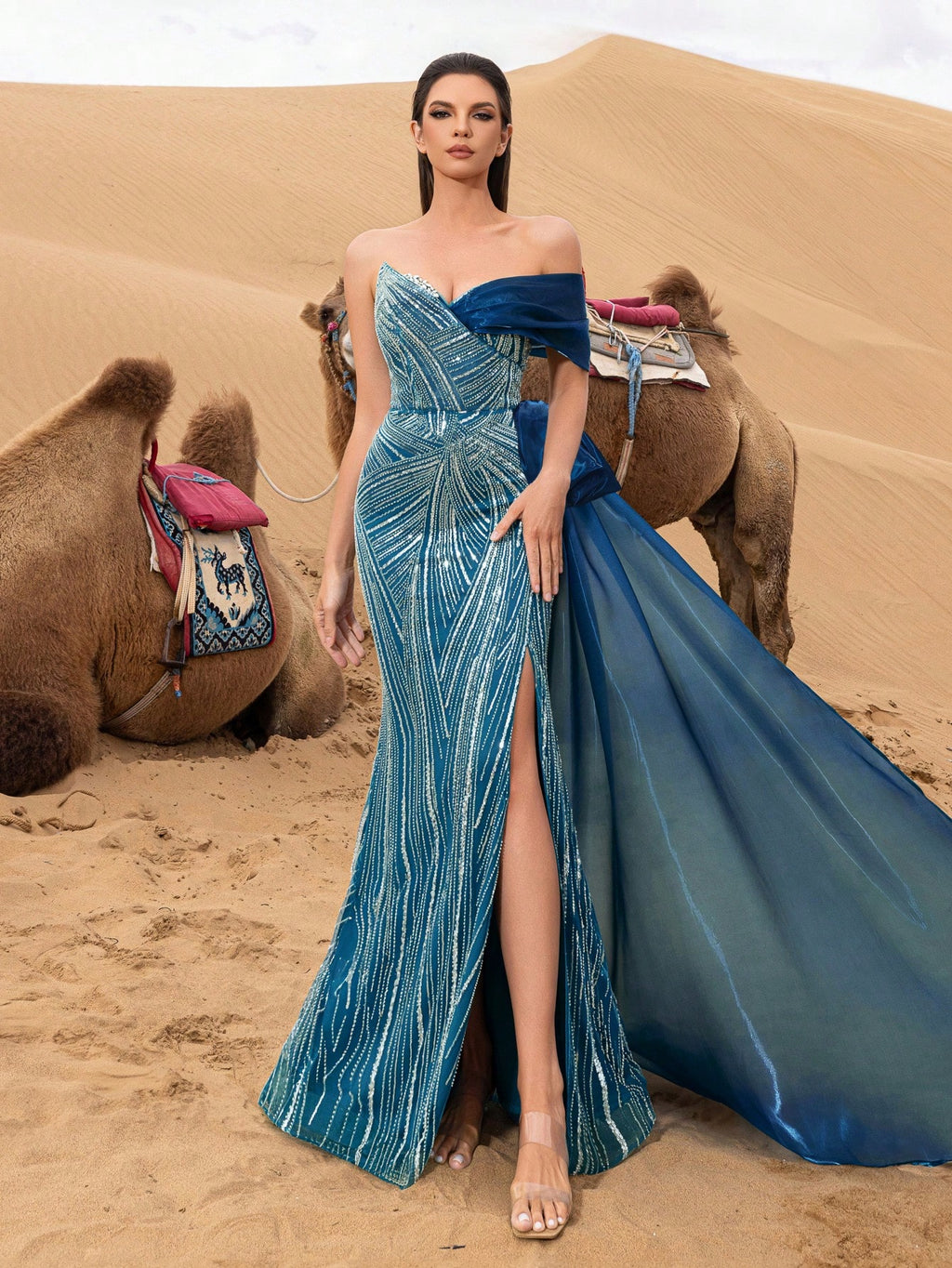 Luxury Asymmetrical Draped Shoulder Mermaid Hem Beaded Formal Dresses & Evening Gowns