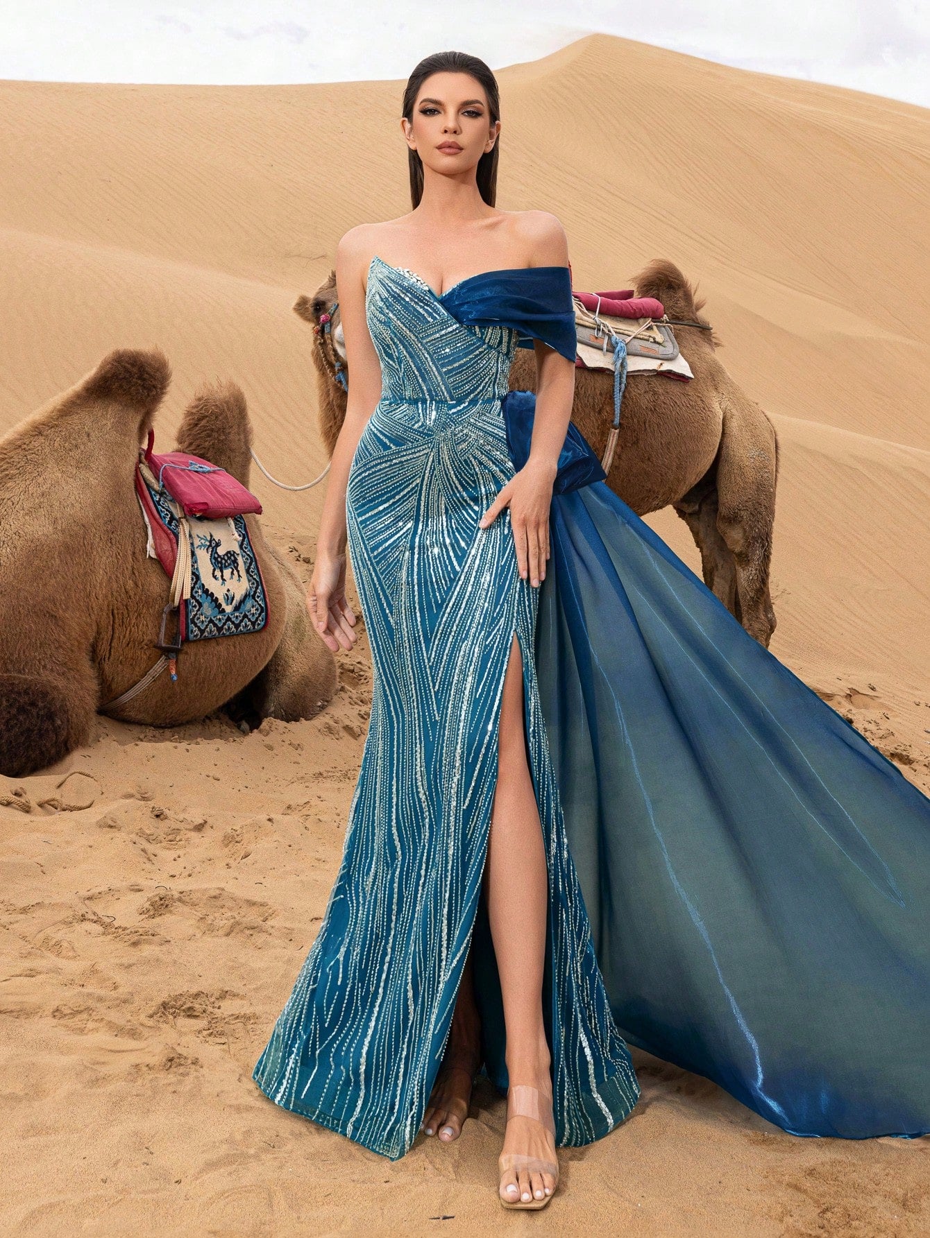 Luxury Asymmetrical Draped Shoulder Mermaid Hem Beaded Formal Dresses & Evening Gowns