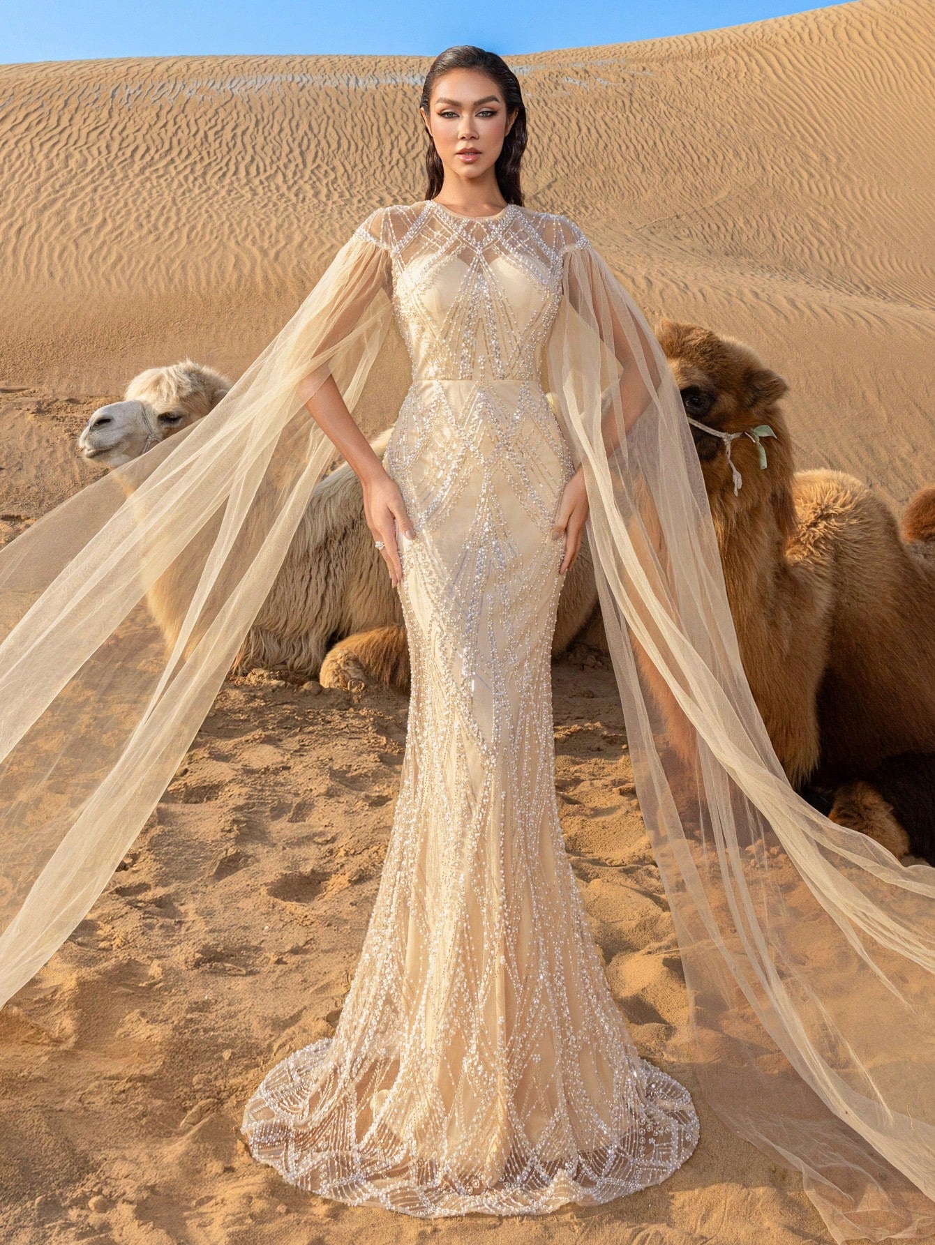 Elegant Sheer Cape Sleeves Mermaid Hem Beaded Sequin Formal Dress & Evening Gowns