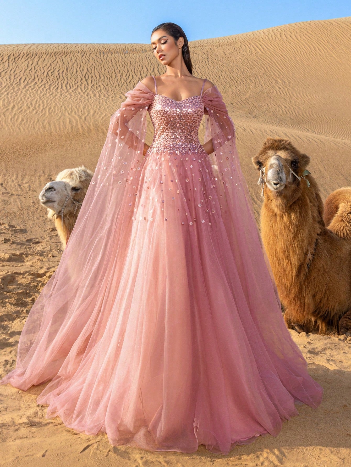 Elegant Off-Shoulder Tulle Beaded Evening Gown with Flowing Train - Long Sleeve & Intricate Bodice Embellishments for Luxury Banquets, Red Carpet Events & Glamorous Weddings