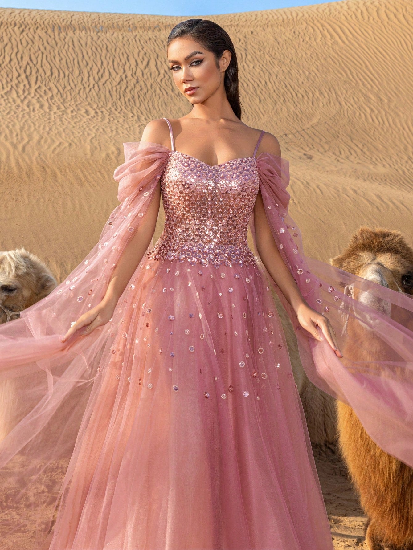 Elegant Off-Shoulder Tulle Beaded Evening Gown with Flowing Train - Long Sleeve & Intricate Bodice Embellishments for Luxury Banquets, Red Carpet Events & Glamorous Weddings