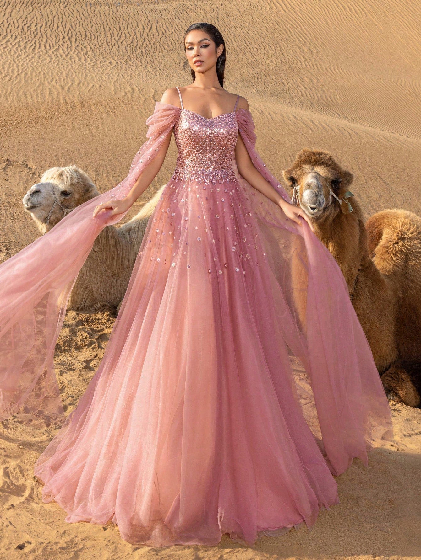 Elegant Off-Shoulder Tulle Beaded Evening Gown with Flowing Train - Long Sleeve & Intricate Bodice Embellishments for Luxury Banquets, Red Carpet Events & Glamorous Weddings