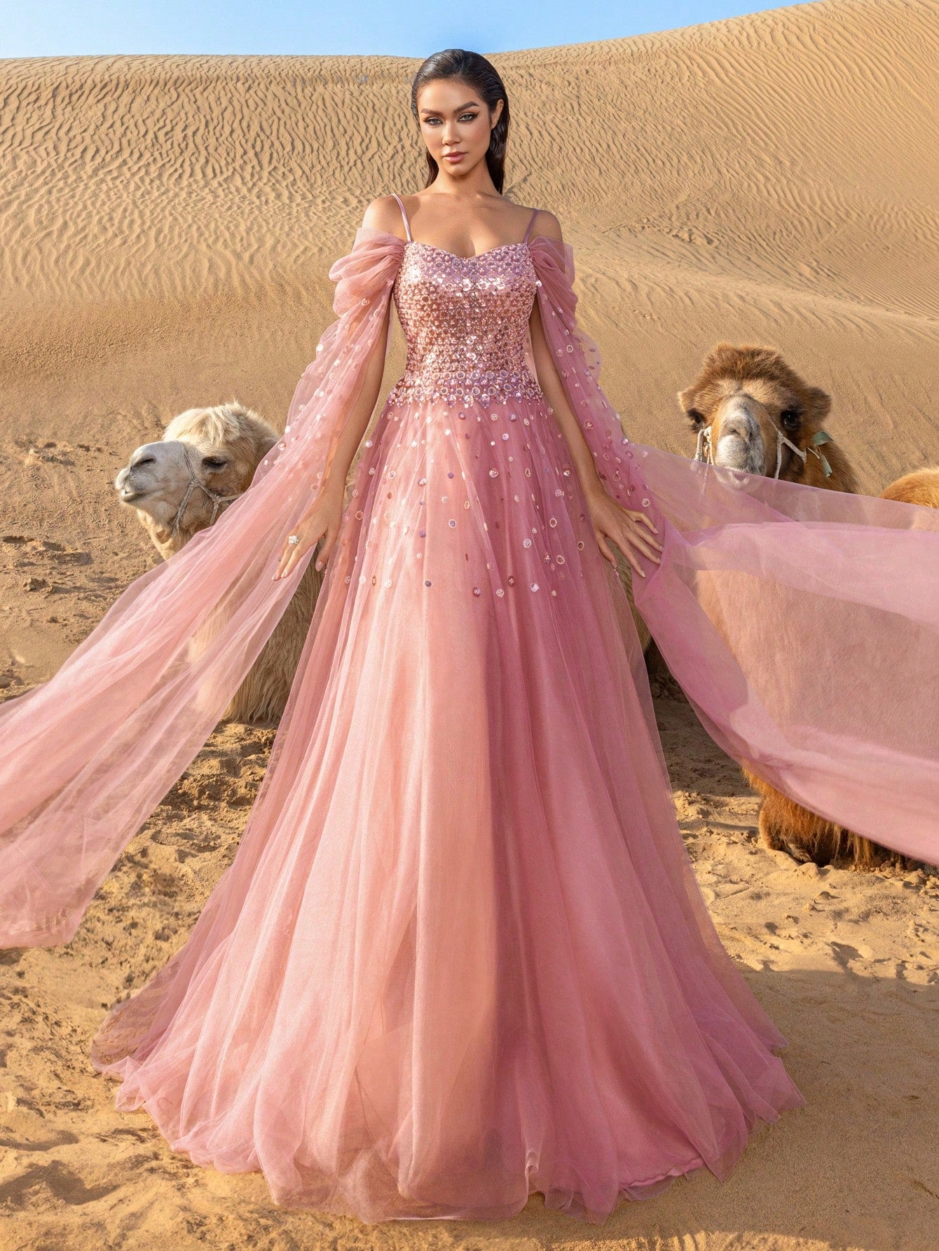 Elegant Off-Shoulder Tulle Beaded Evening Gown with Flowing Train - Long Sleeve & Intricate Bodice Embellishments for Luxury Banquets, Red Carpet Events & Glamorous Weddings