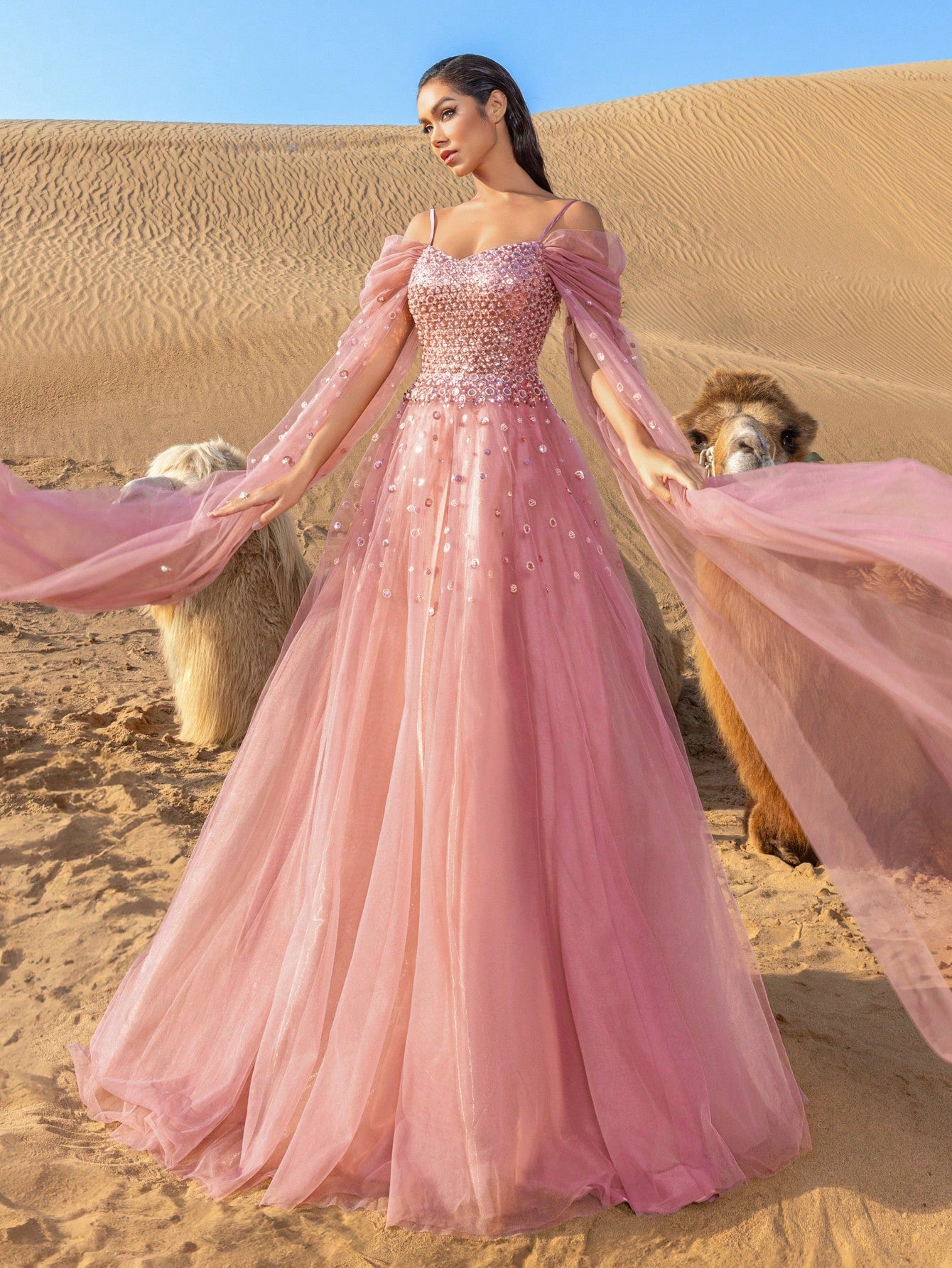 Elegant Off-Shoulder Tulle Beaded Evening Gown with Flowing Train - Long Sleeve & Intricate Bodice Embellishments for Luxury Banquets, Red Carpet Events & Glamorous Weddings