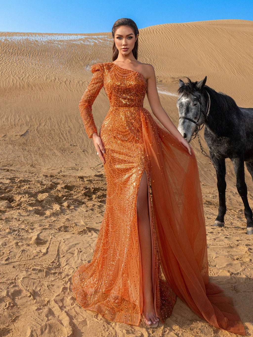 Elegant One-Shoulder Beaded Evening Gown with Dramatic Long Sleeves, Back-Bow Accent, High-Thigh Slit & Cascading Side Panel Mermaid Dress
