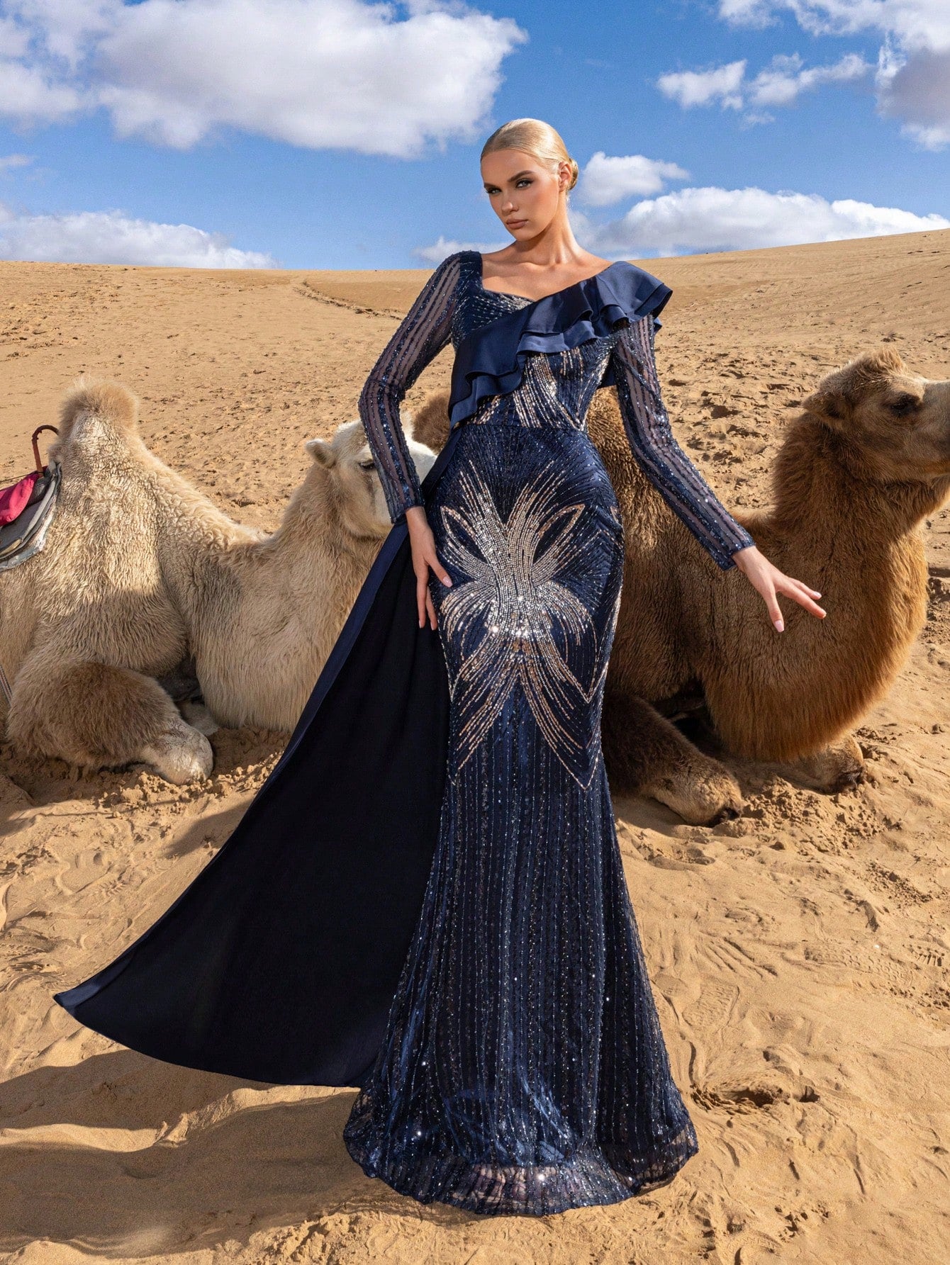 Heart-Shaped Neckline Long-Sleeve Evening Gown with Sheer Embellished Sleeves, Statement Shoulder Ruffle, Cascading Side Train, and Elegant Mermaid Hemline