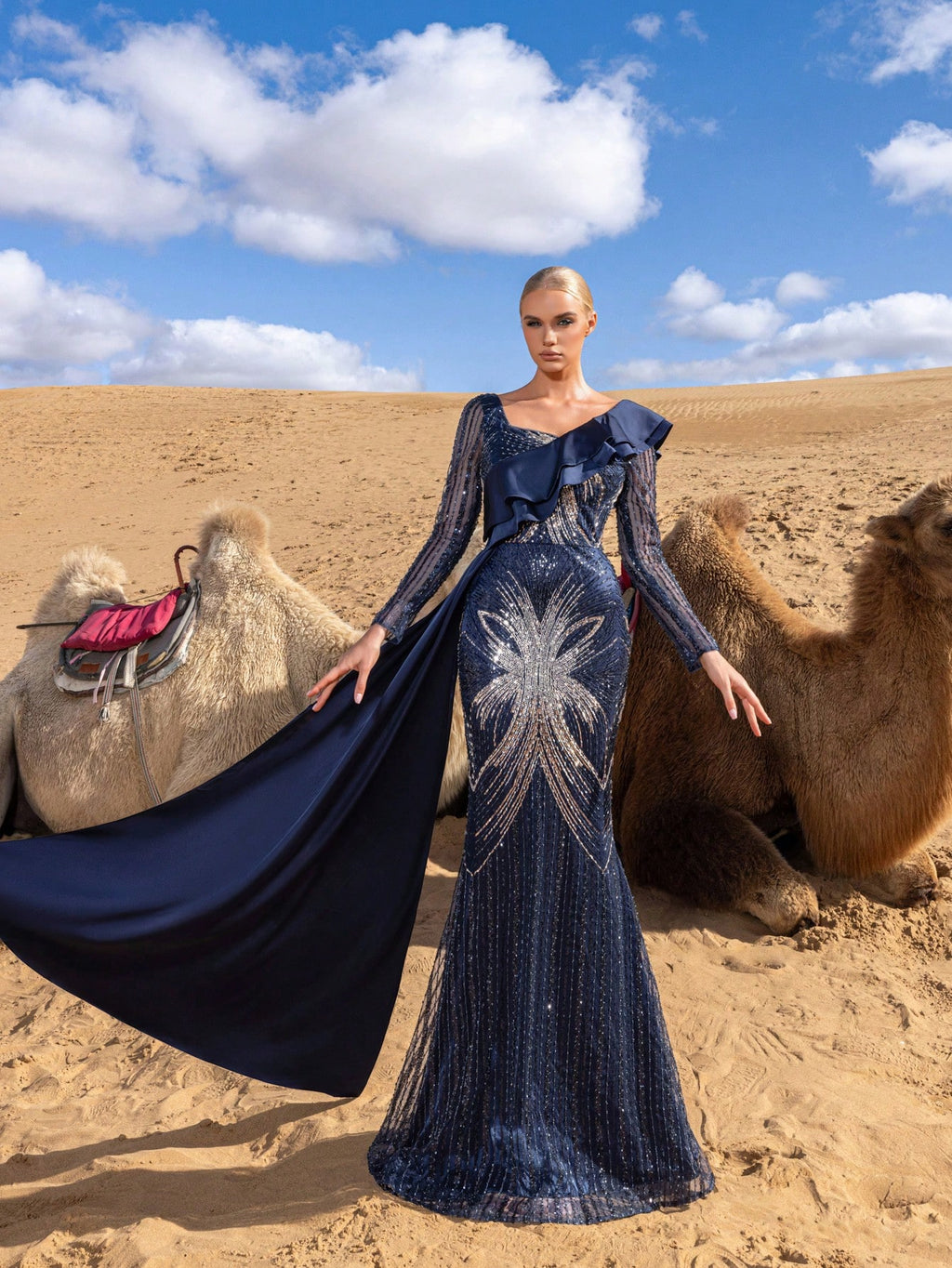 Heart-Shaped Neckline Long-Sleeve Evening Gown with Sheer Embellished Sleeves, Statement Shoulder Ruffle, Cascading Side Train, and Elegant Mermaid Hemline