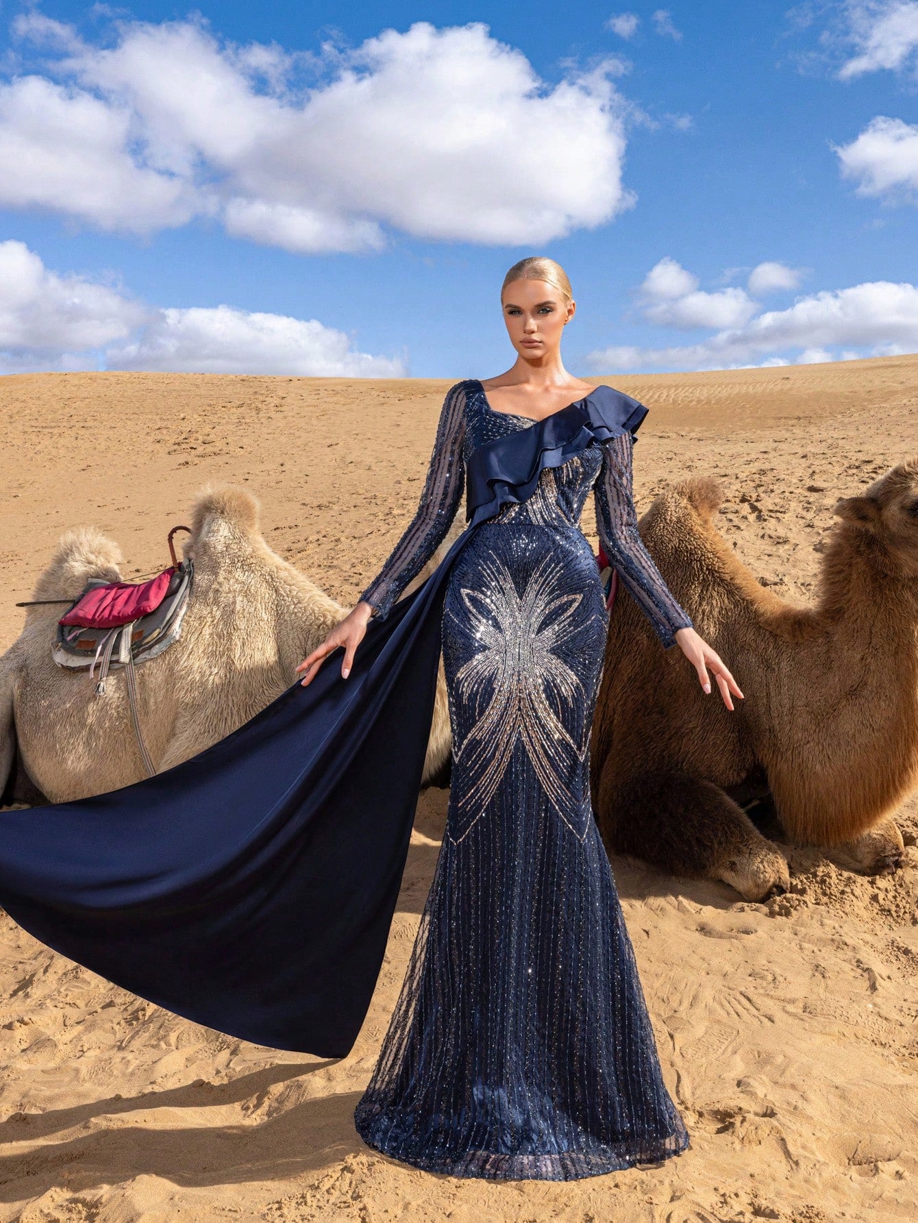 Heart-Shaped Neckline Long-Sleeve Evening Gown with Sheer Embellished Sleeves, Statement Shoulder Ruffle, Cascading Side Train, and Elegant Mermaid Hemline