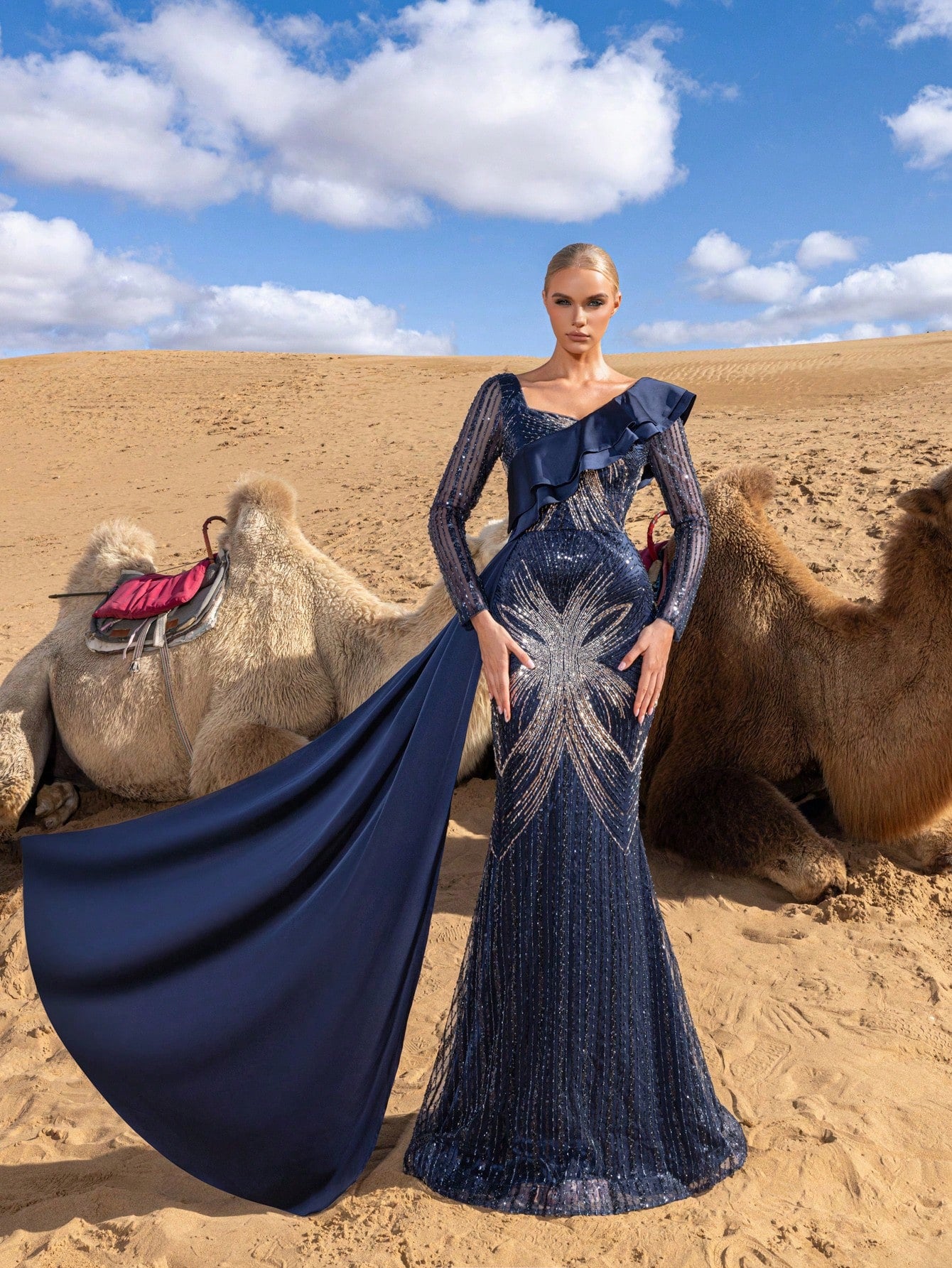 Heart-Shaped Neckline Long-Sleeve Evening Gown with Sheer Embellished Sleeves, Statement Shoulder Ruffle, Cascading Side Train, and Elegant Mermaid Hemline