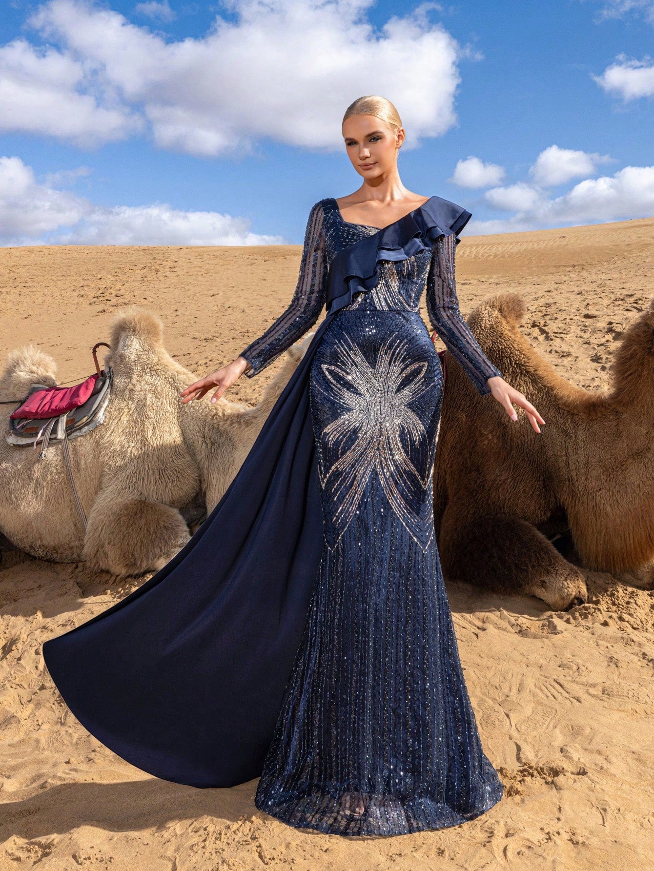 Heart-Shaped Neckline Long-Sleeve Evening Gown with Sheer Embellished Sleeves, Statement Shoulder Ruffle, Cascading Side Train, and Elegant Mermaid Hemline