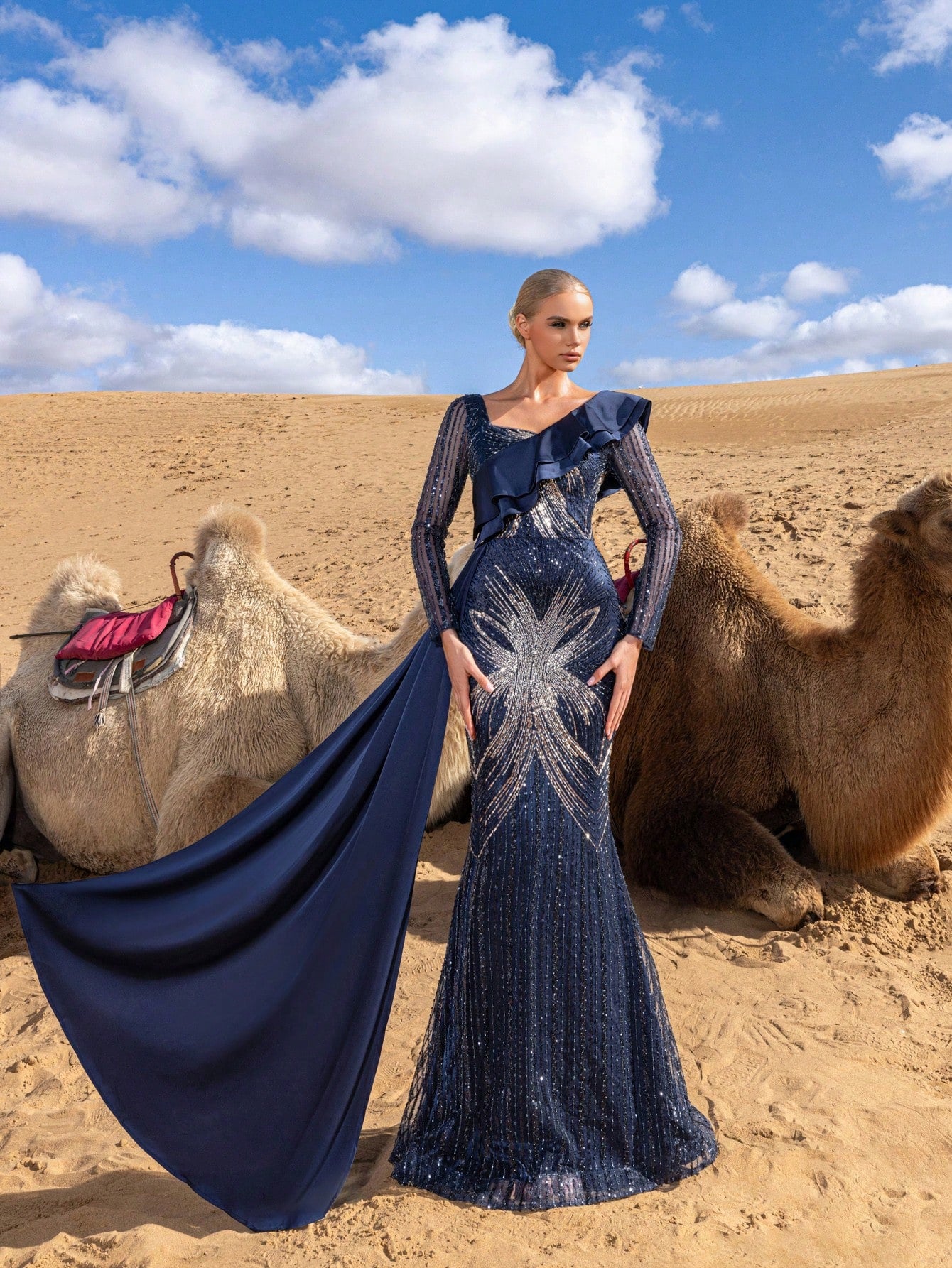 Heart-Shaped Neckline Long-Sleeve Evening Gown with Sheer Embellished Sleeves, Statement Shoulder Ruffle, Cascading Side Train, and Elegant Mermaid Hemline