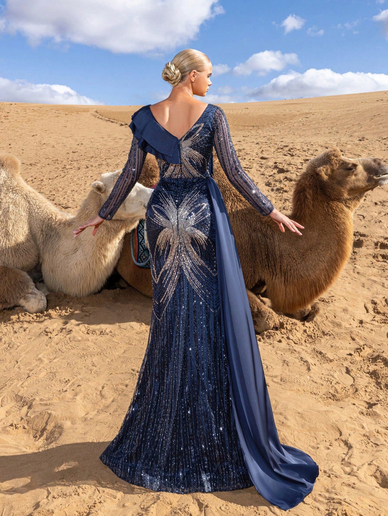 Heart-Shaped Neckline Long-Sleeve Evening Gown with Sheer Embellished Sleeves, Statement Shoulder Ruffle, Cascading Side Train, and Elegant Mermaid Hemline