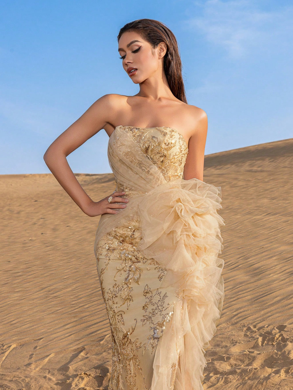 Elegant Strapless Lace-up Back Floral Beaded Formal Party Dresses & Evening Gowns