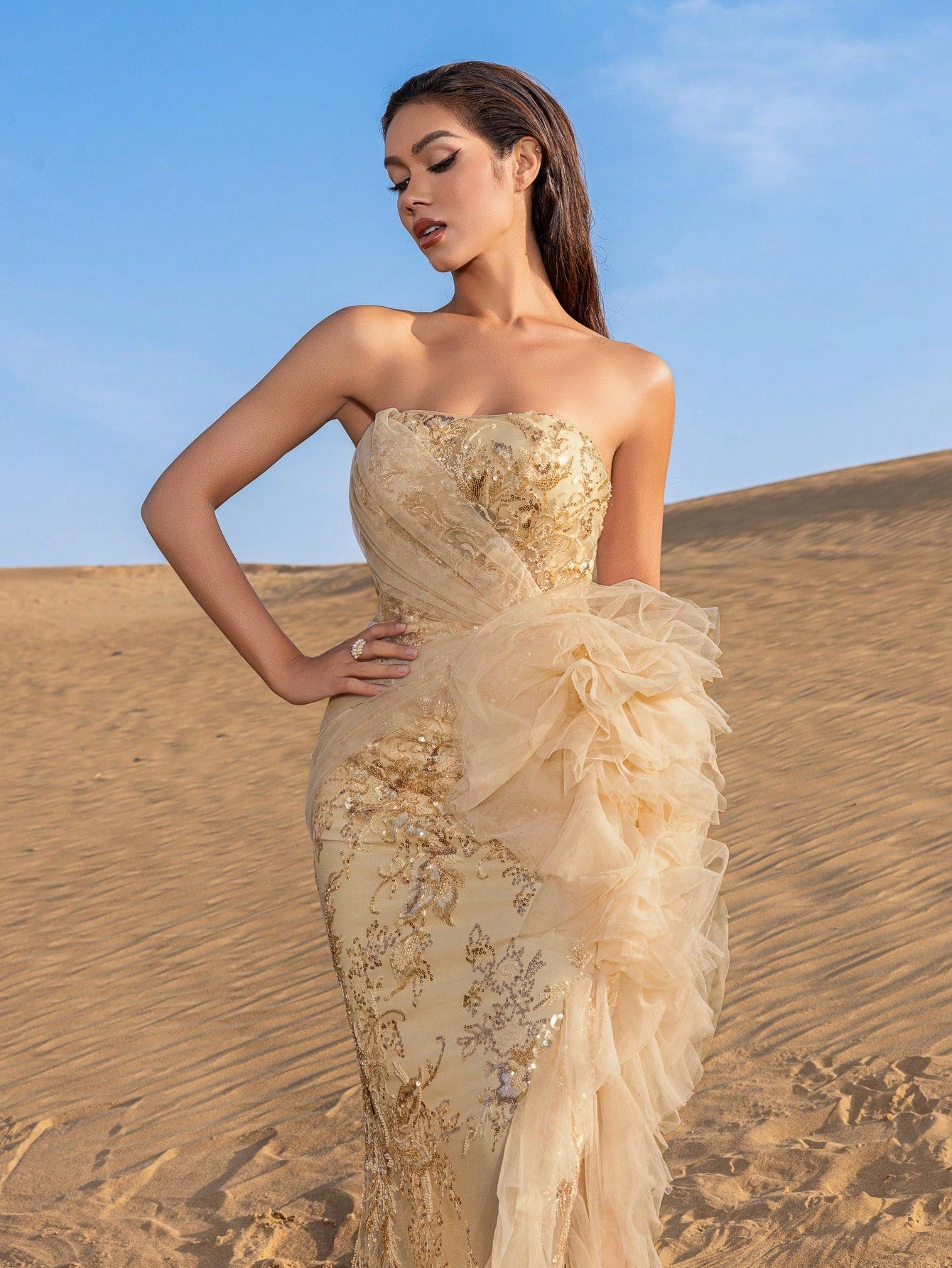 Elegant Strapless Lace-up Back Floral Beaded Formal Party Dresses & Evening Gowns