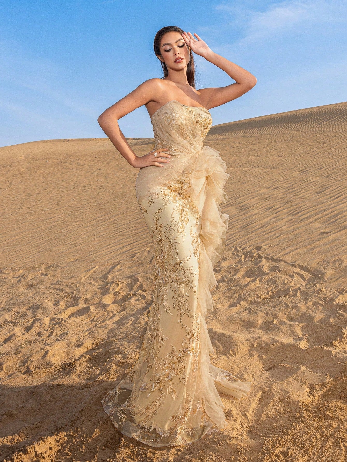 Elegant Strapless Lace-up Back Floral Beaded Formal Party Dresses & Evening Gowns