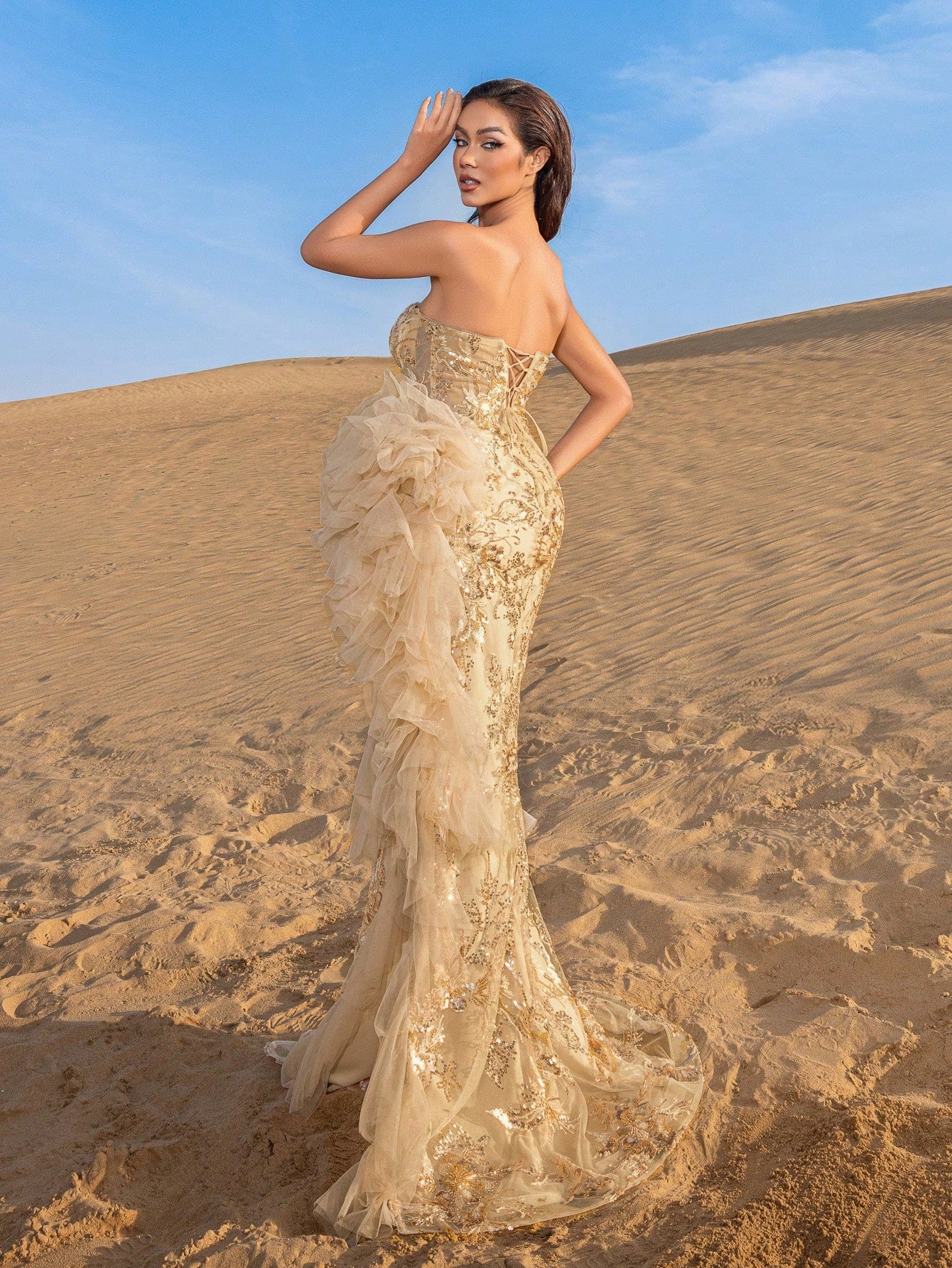 Elegant Strapless Lace-up Back Floral Beaded Formal Party Dresses & Evening Gowns