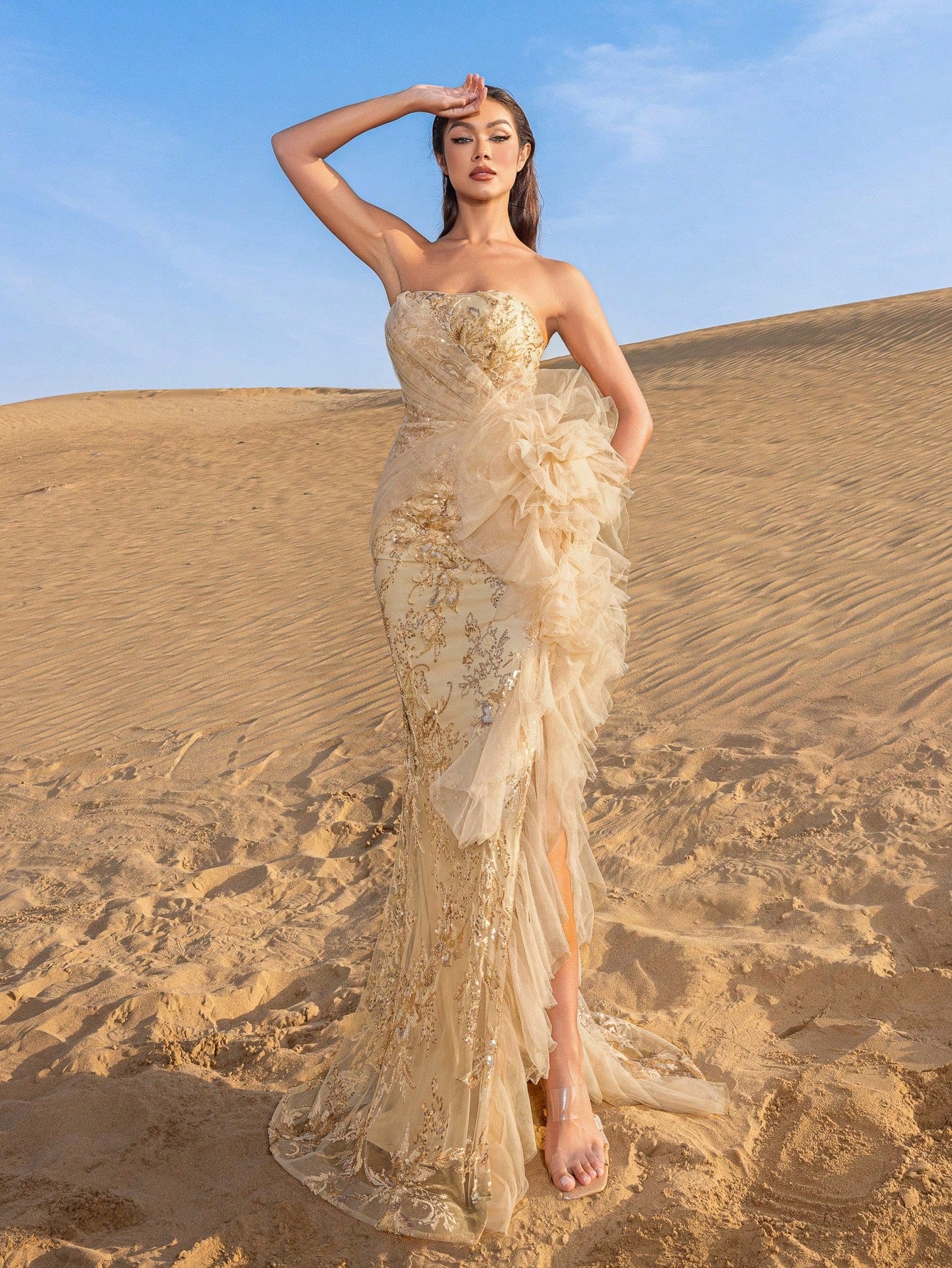Elegant Strapless Lace-up Back Floral Beaded Formal Party Dresses & Evening Gowns