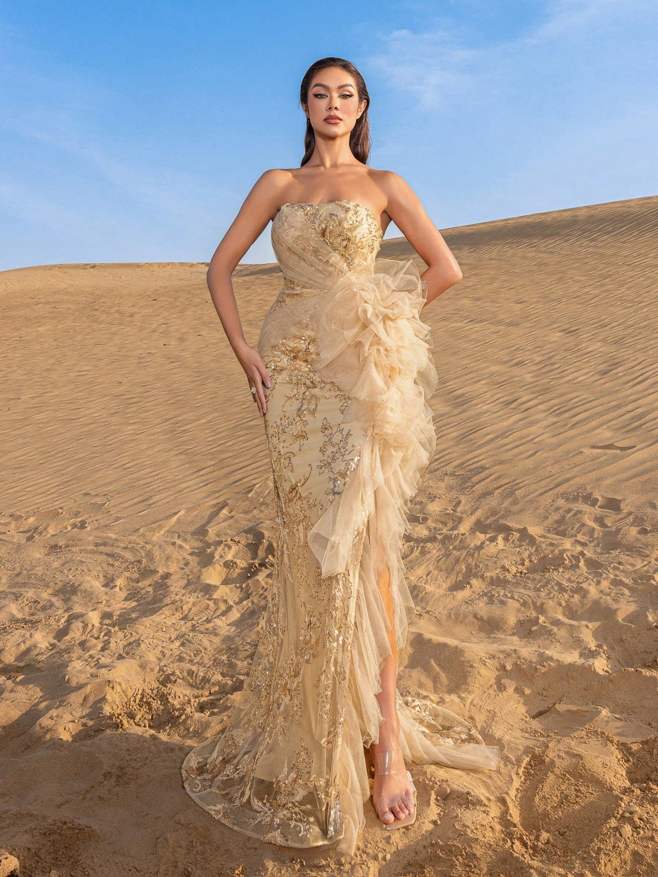 Elegant Strapless Lace-up Back Floral Beaded Formal Party Dresses & Evening Gowns