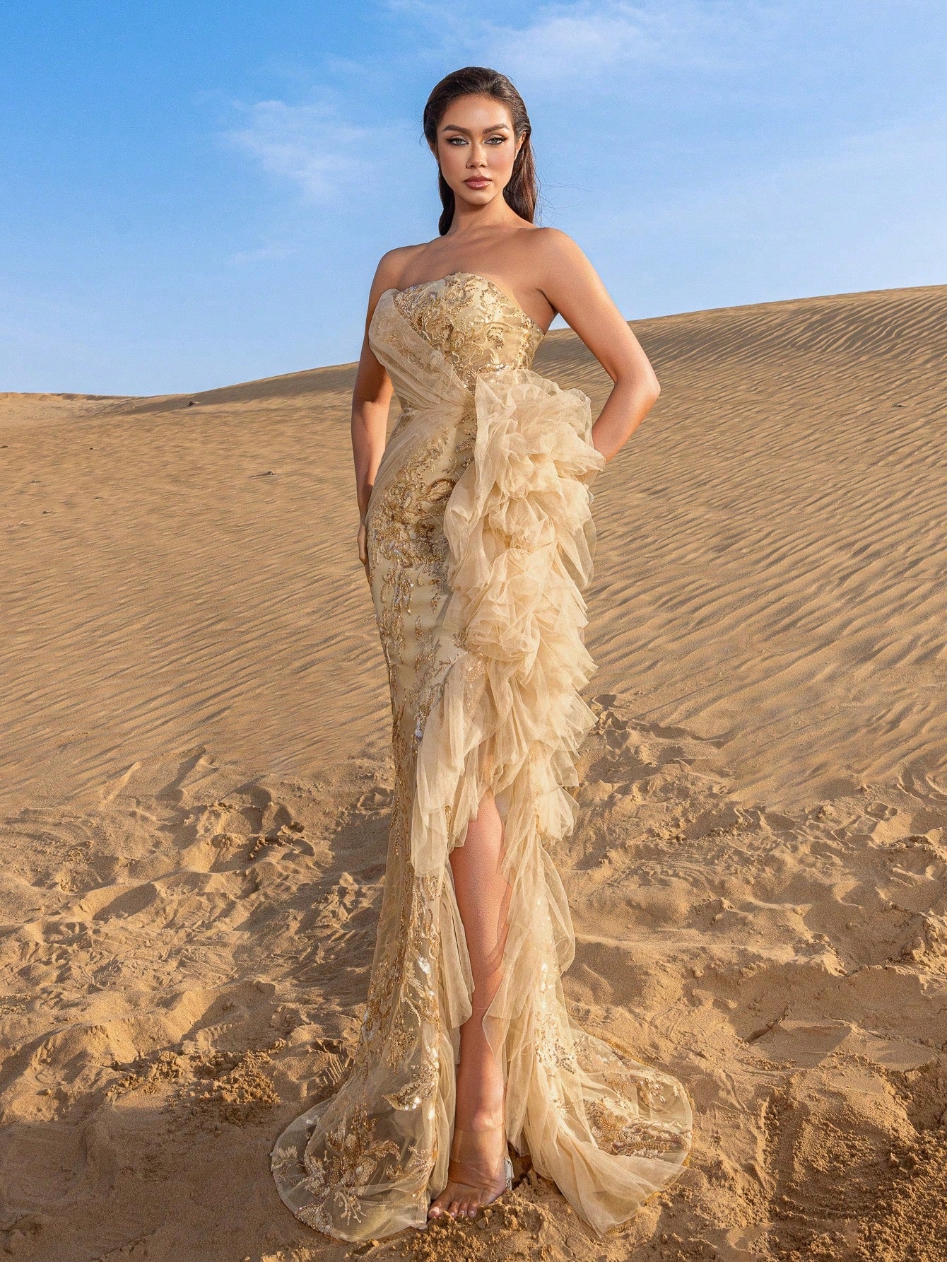 Elegant Strapless Lace-up Back Floral Beaded Formal Party Dresses & Evening Gowns