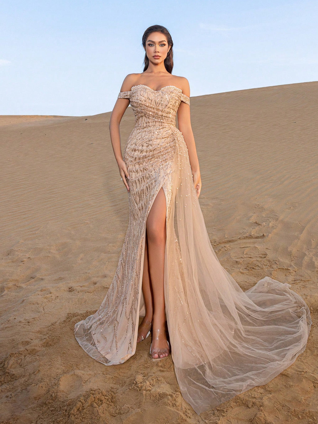 Gorgeous Sequined Beaded Mermaid Gown with High-Slit Design