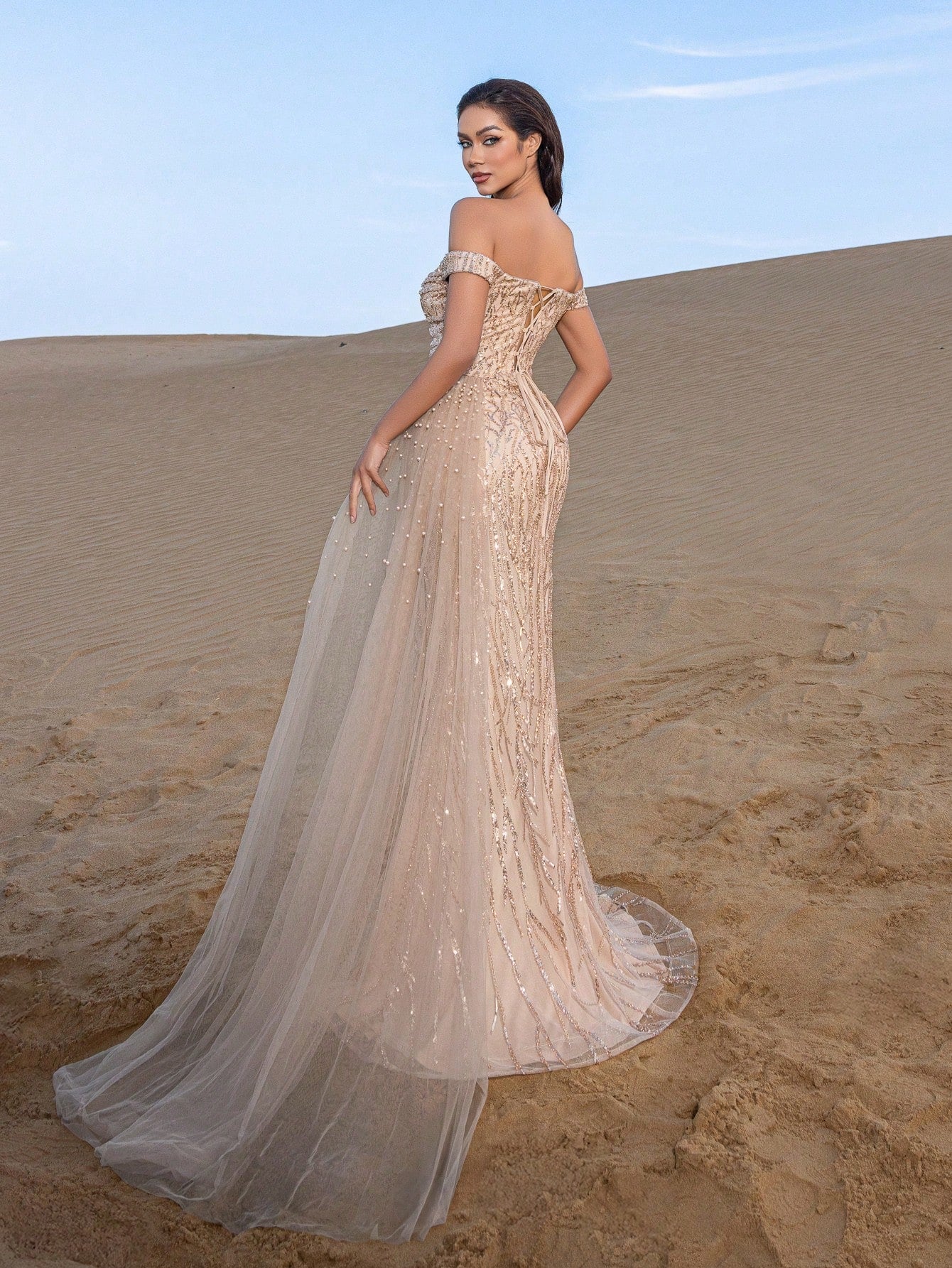 Gorgeous Sequined Beaded Mermaid Gown with High-Slit Design