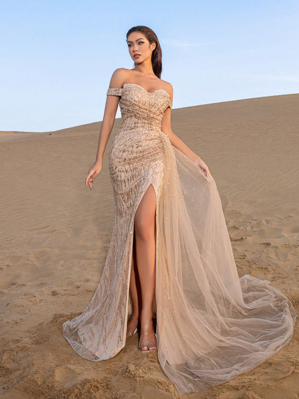 Gorgeous Sequined Beaded Mermaid Gown with High-Slit Design