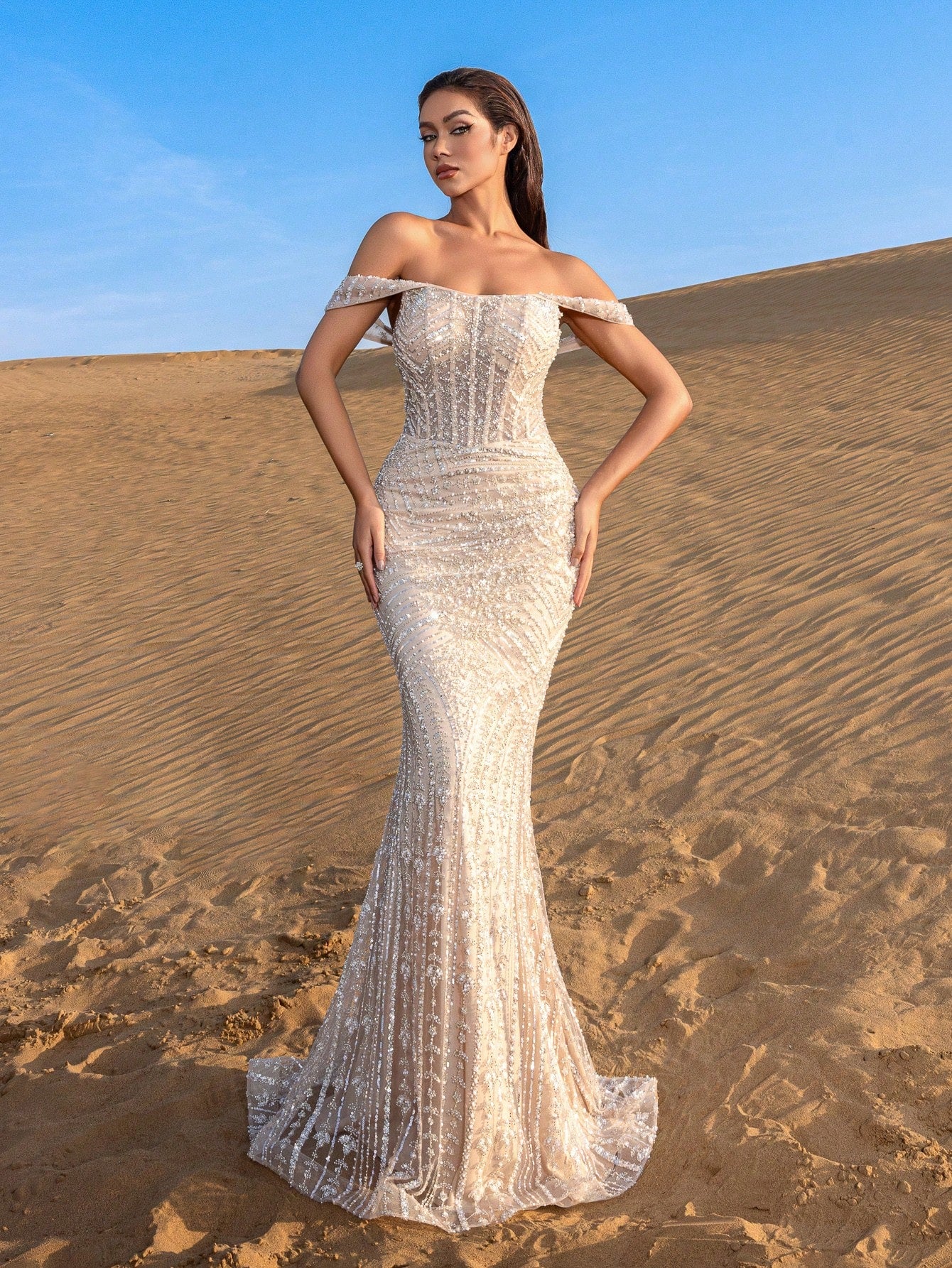 Stunning Off-the-Shoulder Beaded Mermaid Gown with Adjustable Back Tie & Sequin Embellishments