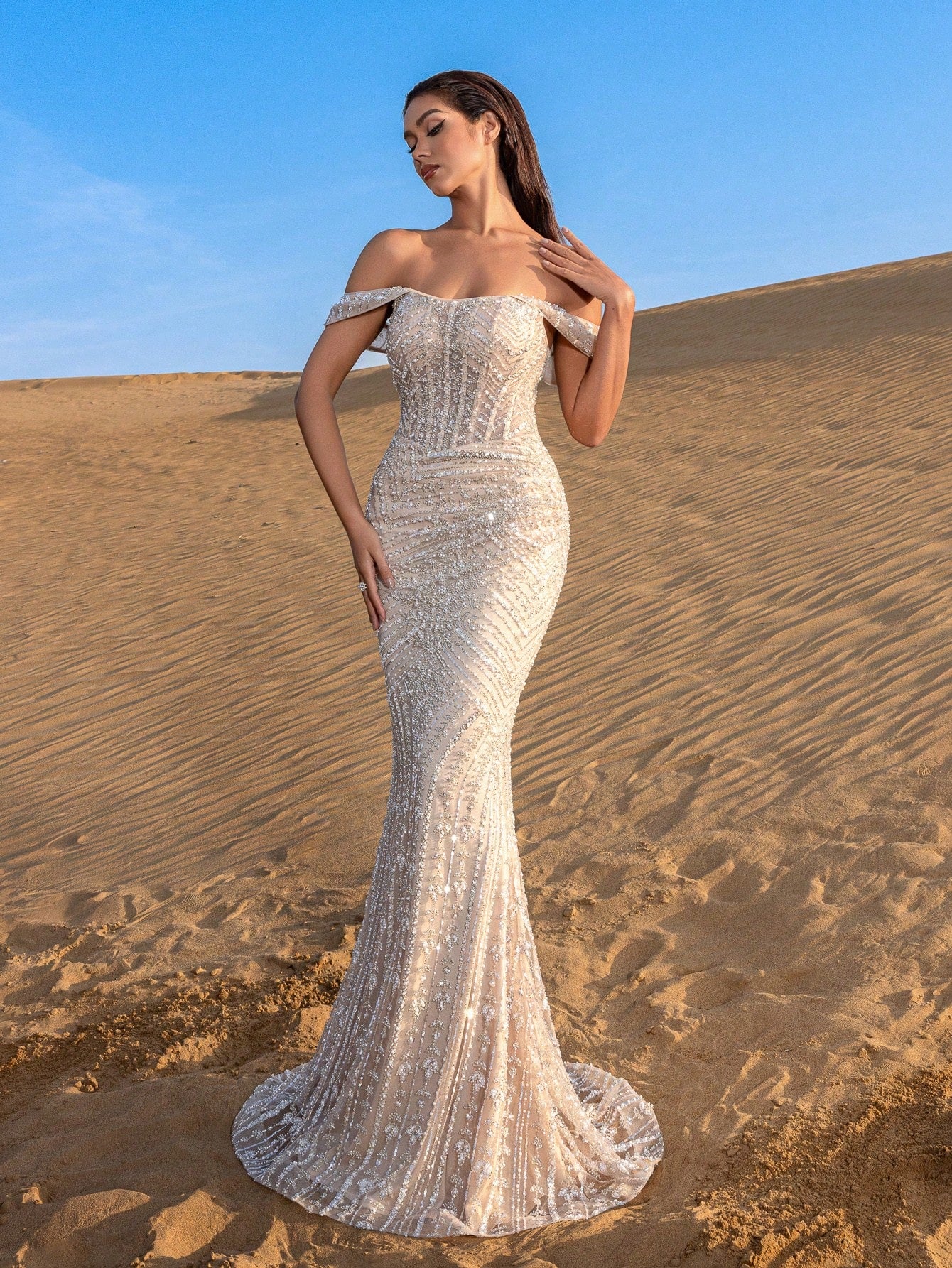 Stunning Off-the-Shoulder Beaded Mermaid Gown with Adjustable Back Tie & Sequin Embellishments