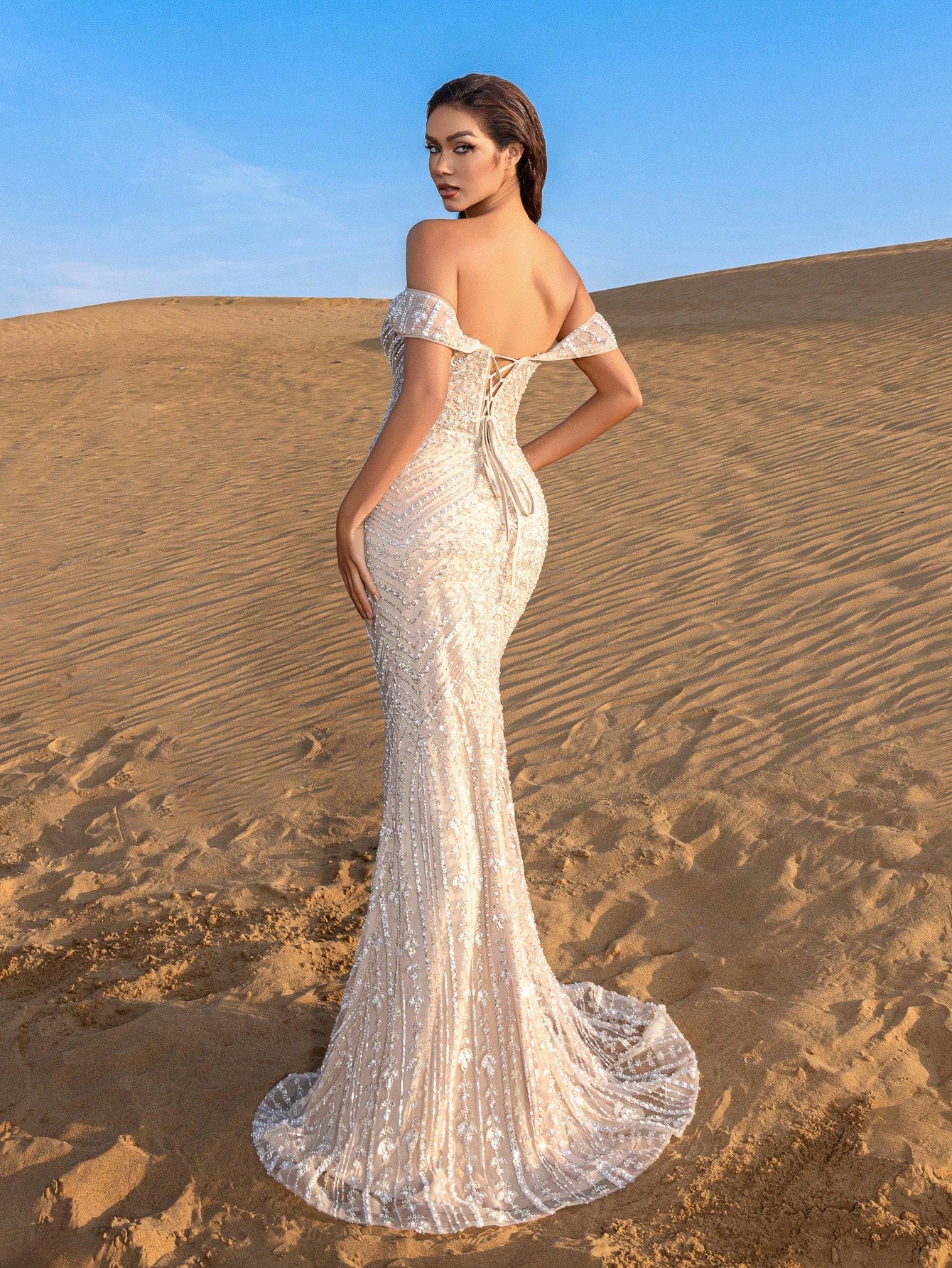 Stunning Off-the-Shoulder Beaded Mermaid Gown with Adjustable Back Tie & Sequin Embellishments