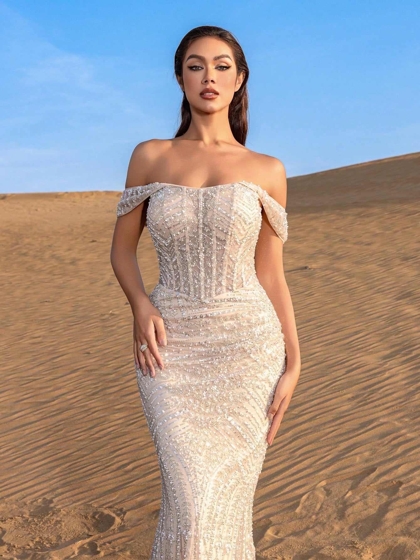 Stunning Off-the-Shoulder Beaded Mermaid Gown with Adjustable Back Tie & Sequin Embellishments