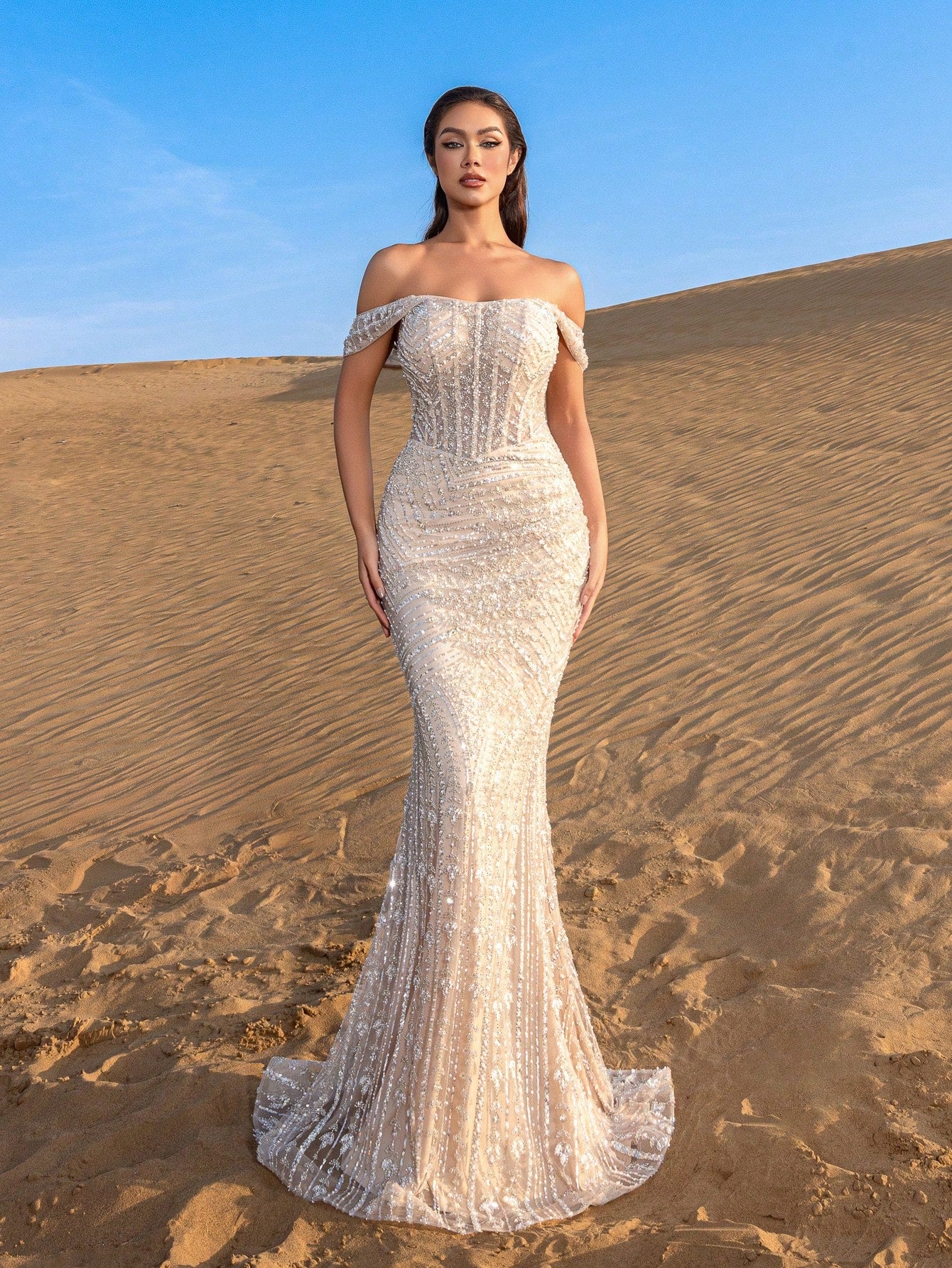Stunning Off-the-Shoulder Beaded Mermaid Gown with Adjustable Back Tie & Sequin Embellishments