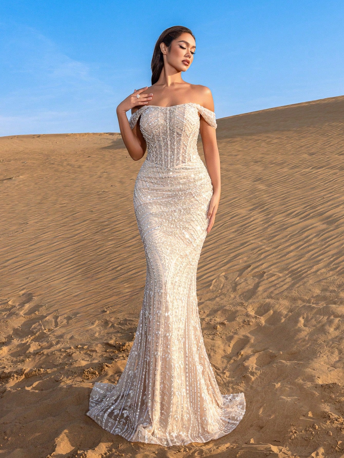 Stunning Off-the-Shoulder Beaded Mermaid Gown with Adjustable Back Tie & Sequin Embellishments