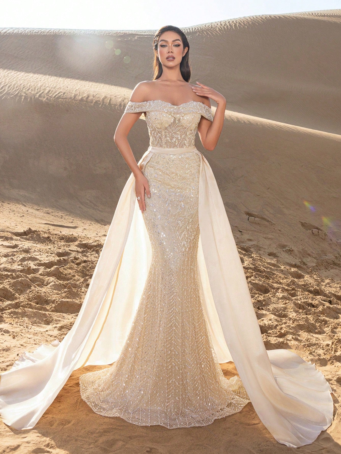 Beaded Off-Shoulder Mermaid Evening Gown with Adjustable Back-Tie Closure, Side Flowing Panels