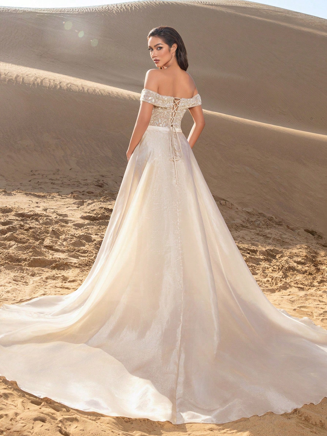 Beaded Off-Shoulder Mermaid Evening Gown with Adjustable Back-Tie Closure, Side Flowing Panels
