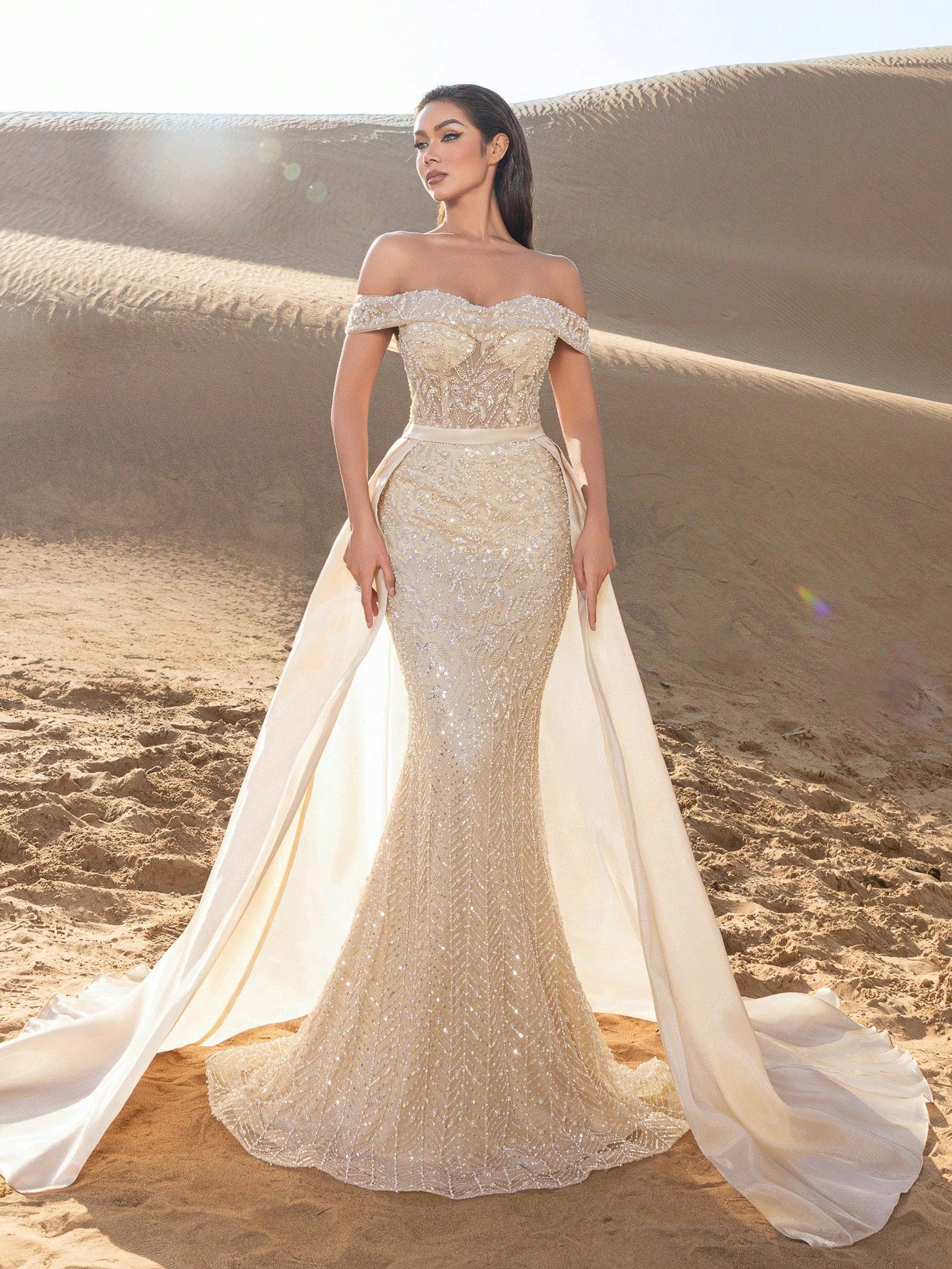 Beaded Off-Shoulder Mermaid Evening Gown with Adjustable Back-Tie Closure, Side Flowing Panels