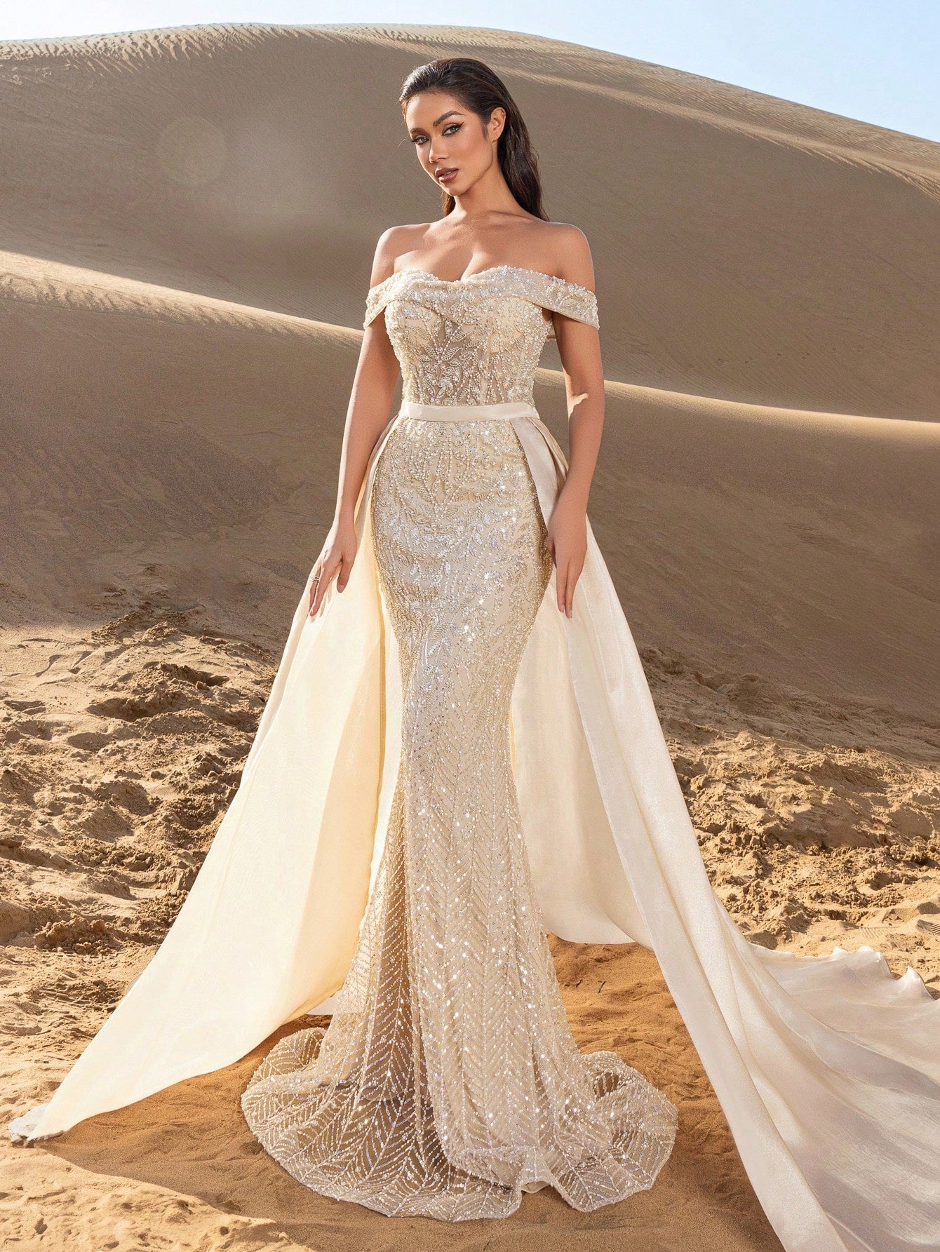 Beaded Off-Shoulder Mermaid Evening Gown with Adjustable Back-Tie Closure, Side Flowing Panels