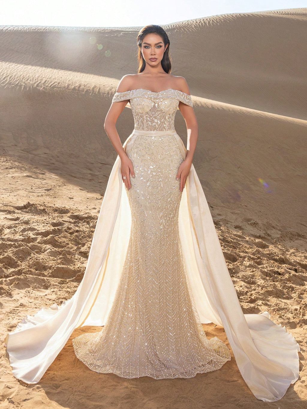 Beaded Off-Shoulder Mermaid Evening Gown with Adjustable Back-Tie Closure, Side Flowing Panels