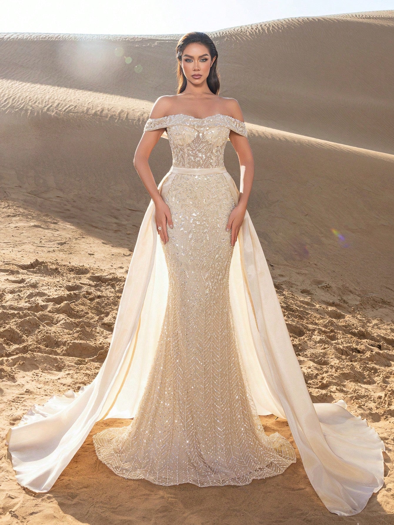 Beaded Off-Shoulder Mermaid Evening Gown with Adjustable Back-Tie Closure, Side Flowing Panels