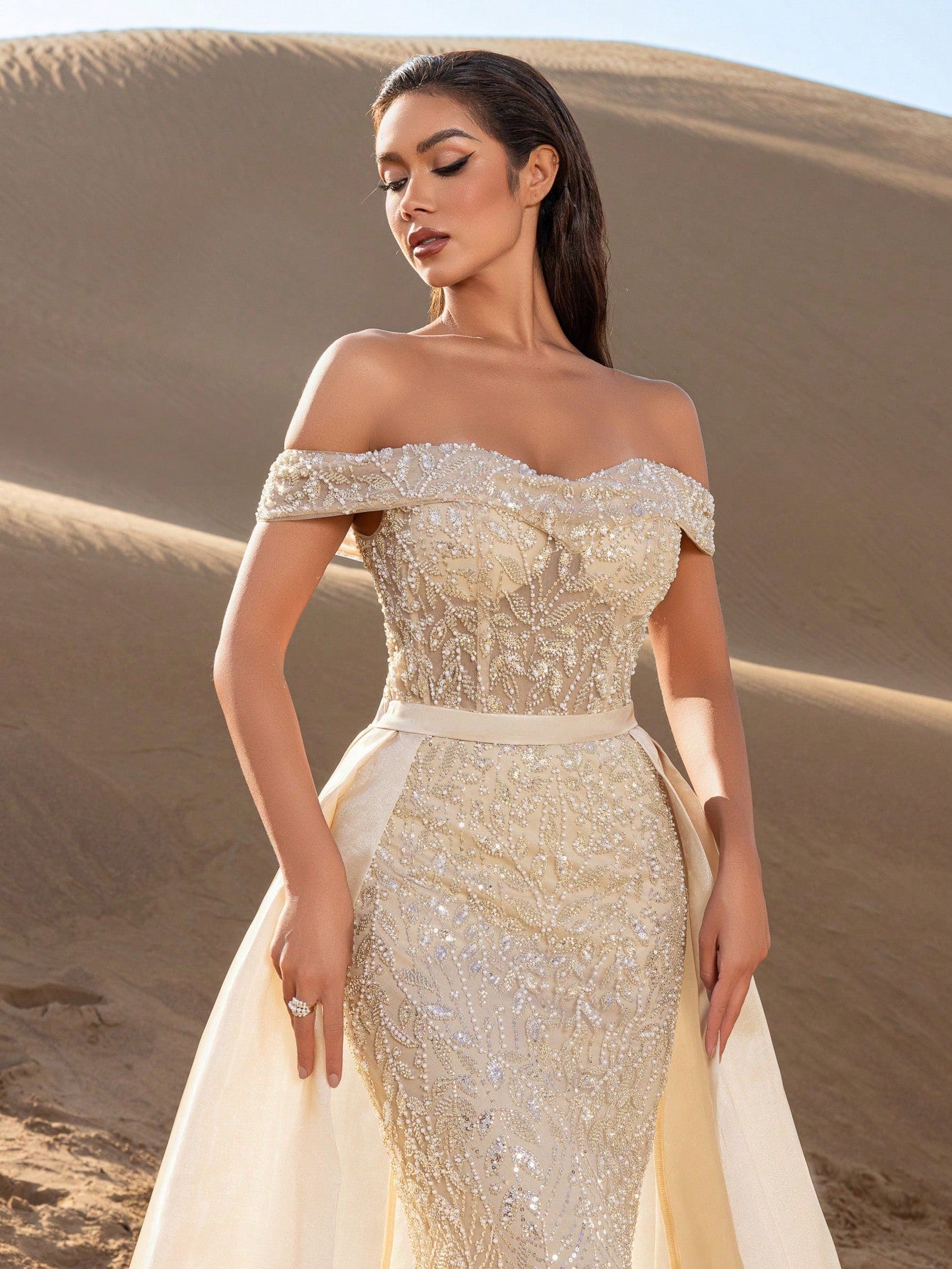 Beaded Off-Shoulder Mermaid Evening Gown with Adjustable Back-Tie Closure, Side Flowing Panels