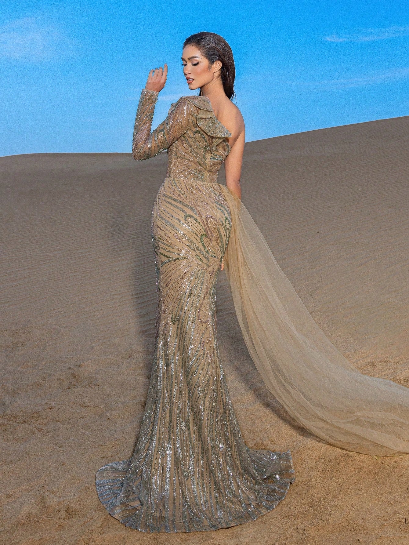 Gorgeou Ruffle Trim One Shoulder Mermaid Hem Beaded Formal Dresses & Evening Gowns