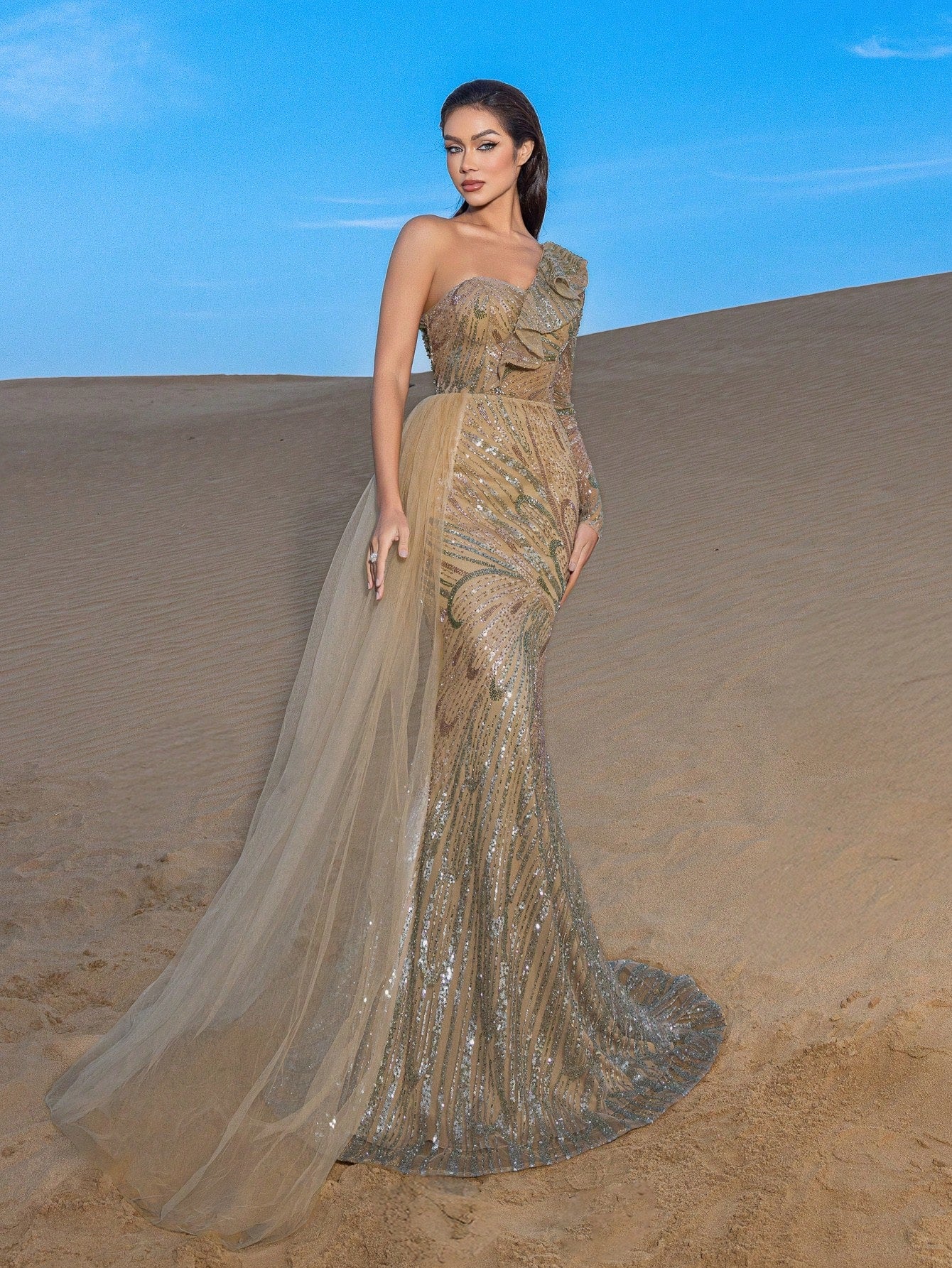 Gorgeou Ruffle Trim One Shoulder Mermaid Hem Beaded Formal Dresses & Evening Gowns