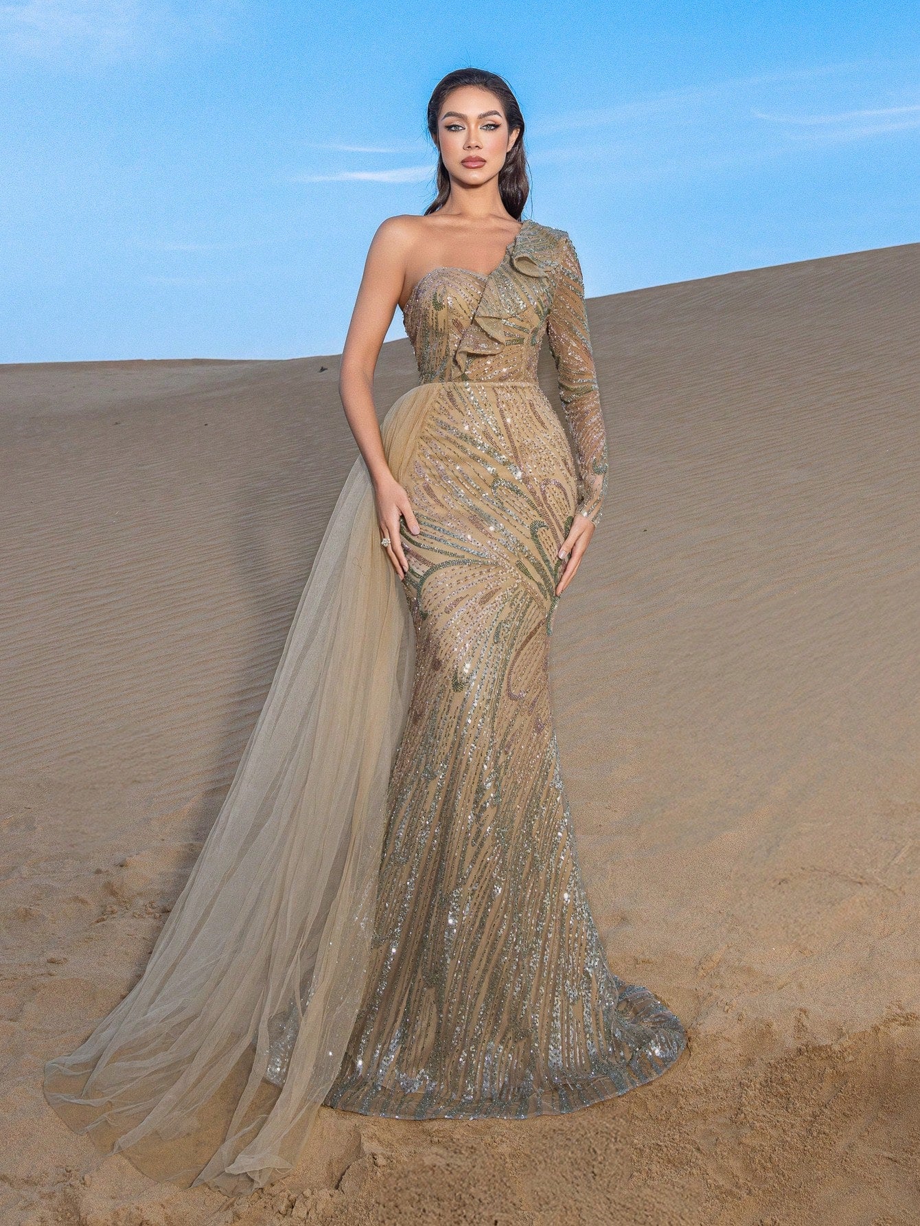 Gorgeou Ruffle Trim One Shoulder Mermaid Hem Beaded Formal Dresses & Evening Gowns