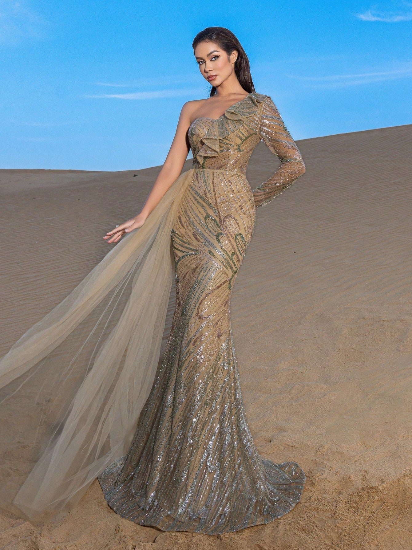 Gorgeou Ruffle Trim One Shoulder Mermaid Hem Beaded Formal Dresses & Evening Gowns