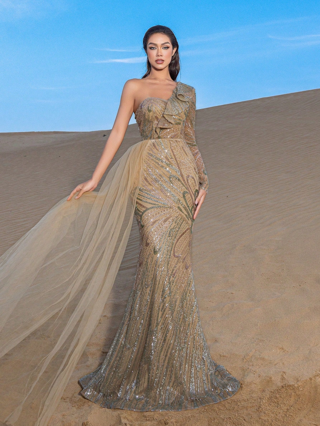 Gorgeou Ruffle Trim One Shoulder Mermaid Hem Beaded Formal Dresses & Evening Gowns