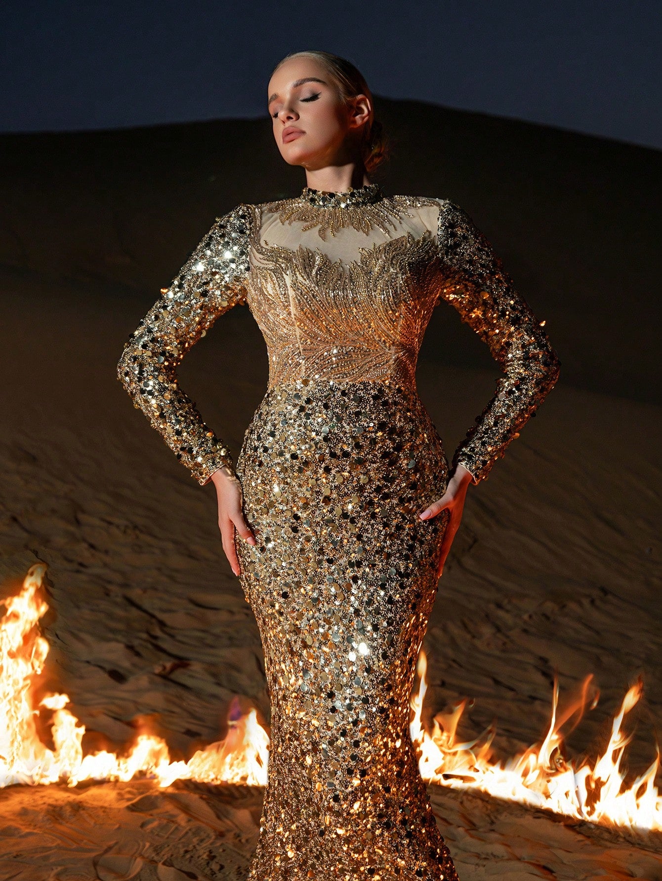 Luxury Mock Neck Mermaid Hem Beaded Sequin Formal Party Dress