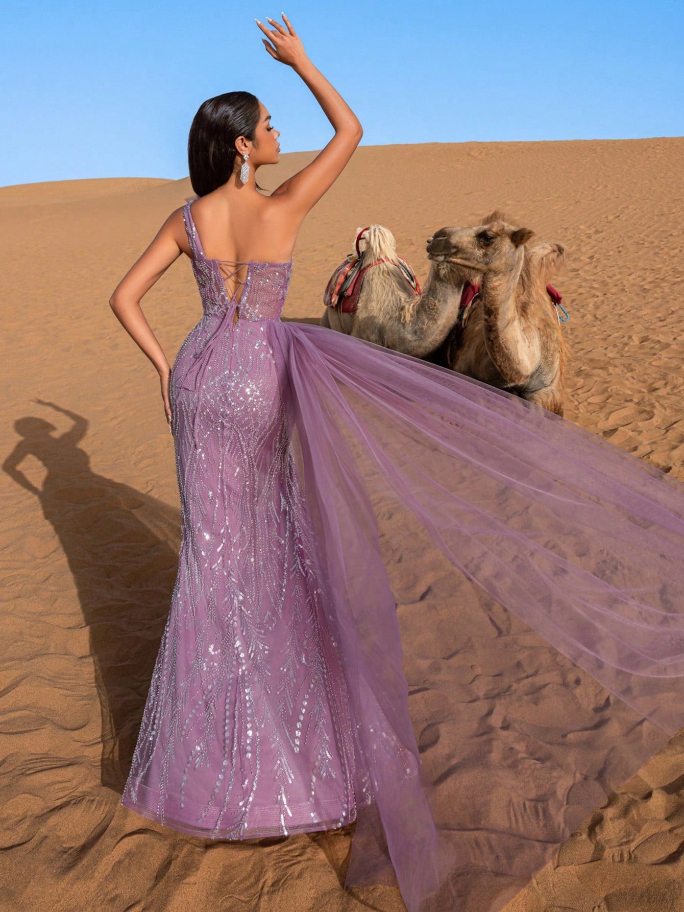 Luxury Beaded Mermaid Evening Gown: Asymmetrical Sheer Mesh Neckline & Flared Hem for Galas & Formal Events